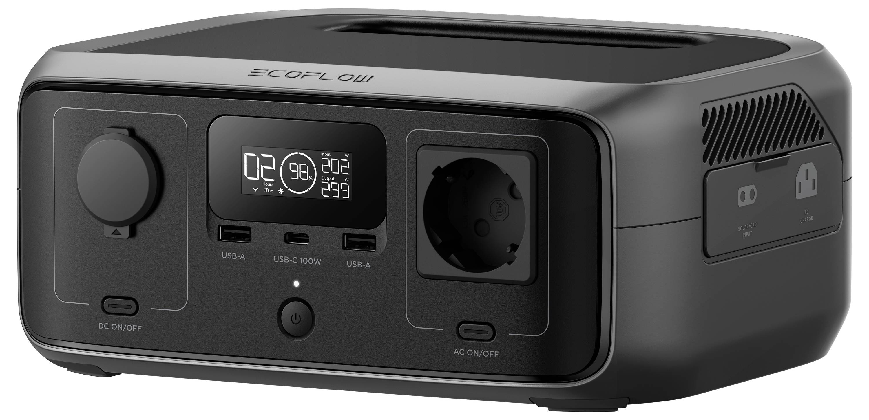 Tragbare Powerstation, schwarz, mit digitalem Display, mehreren USB-Anschlüssen und einer Steckdose, geeignet für mobile Energieversorgung.