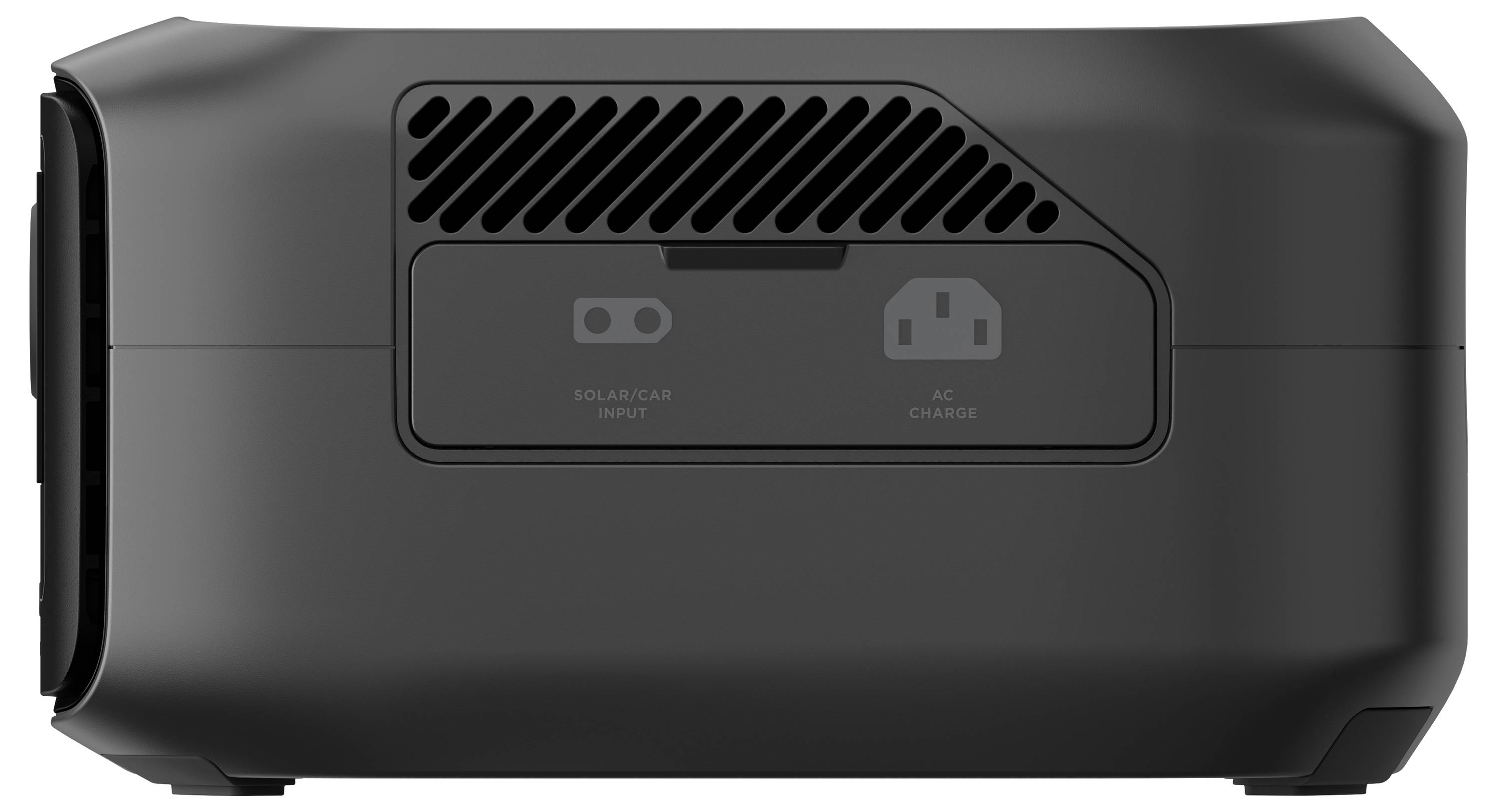 Schwarzes tragbares Ladegerät mit Anschlüssen für Solarpanel und Wechselstrom auf der Rückseite.