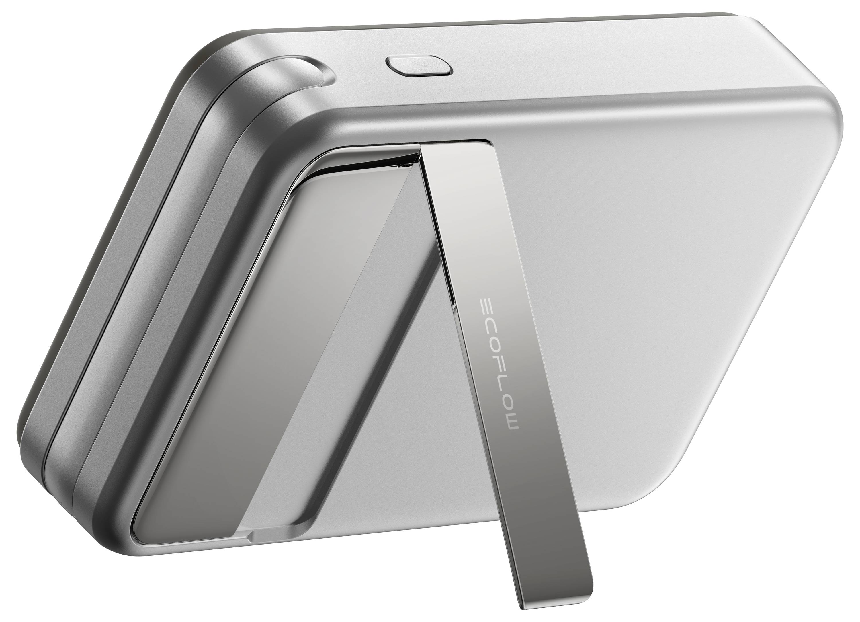 Tragbares, silbernes Gerät mit klappbarem Ständer und Knopf oben; geeignet zum einfachen Aufstellen auf Tischen.