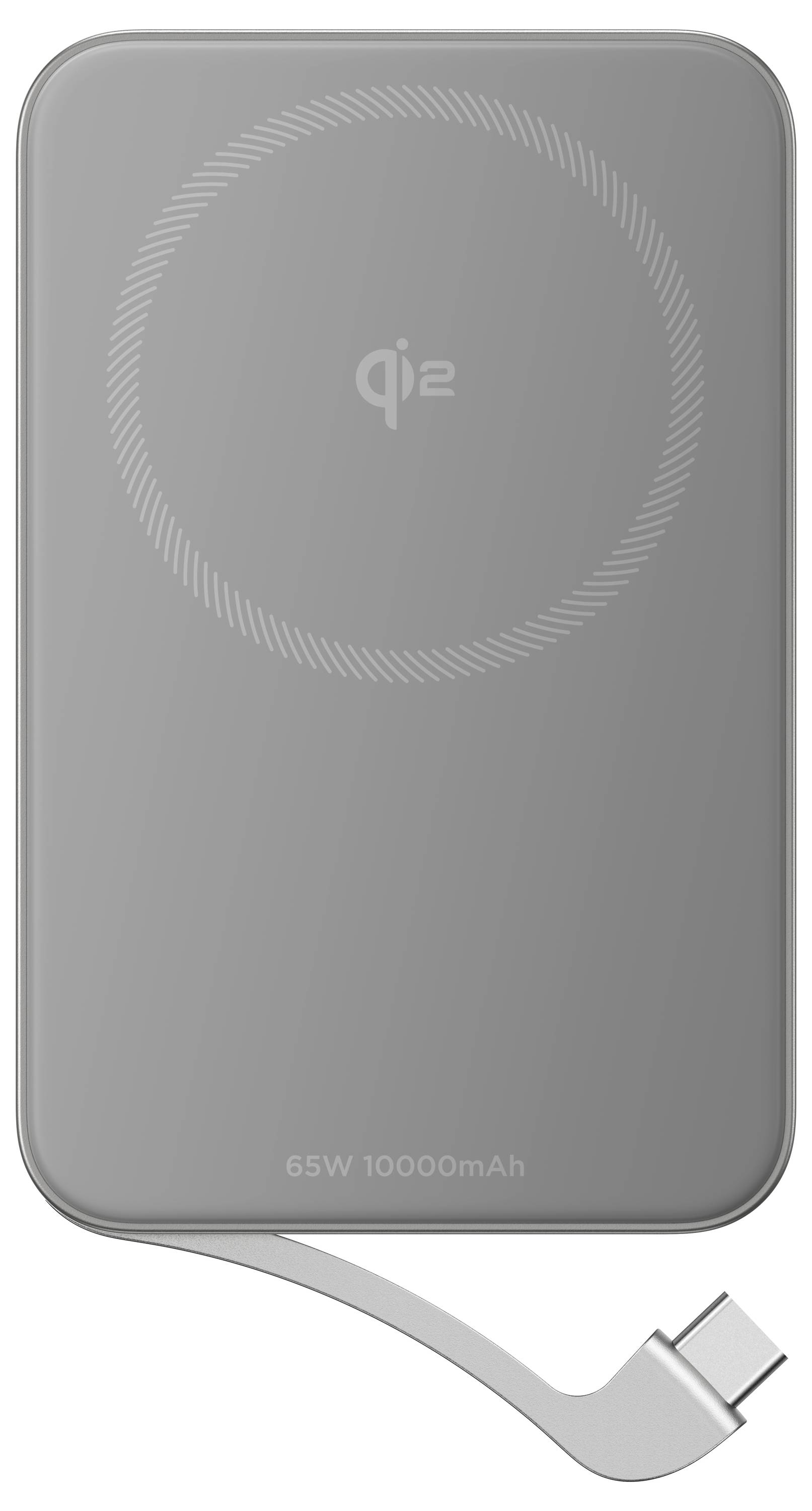 Ein graues, rechteckiges drahtloses Ladegerät mit USB-C-Kabel. Es hat eine Kapazität von 10.000 mAh und unterstützt 65W-Ladung.