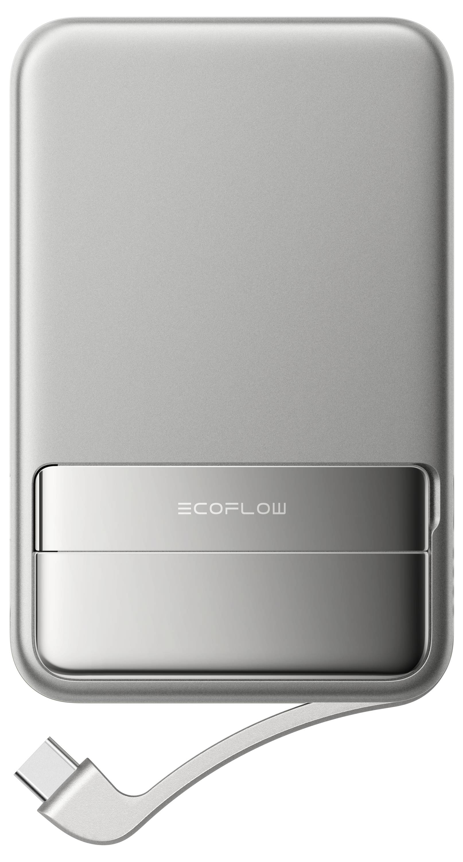 Tragbare, silberne Powerbank mit abnehmbaren Ladekabel und dem Logo 'EcoFlow'. Ideal für mobiles Aufladen von Geräten unterwegs.