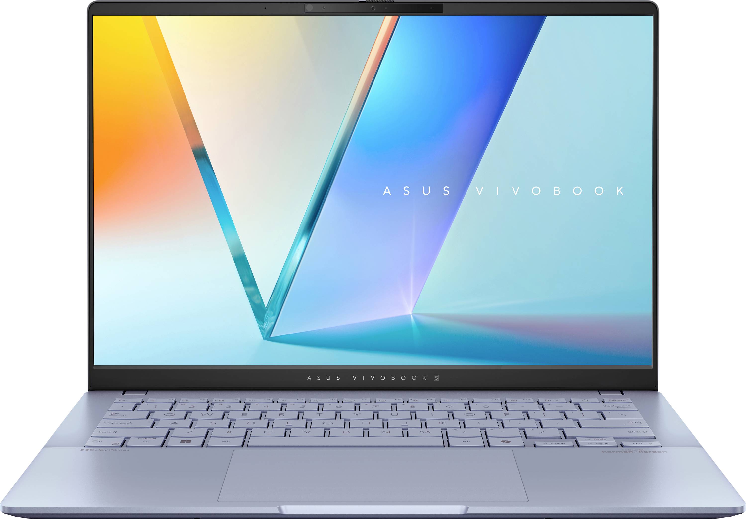 Ein Asus VivoBook Laptop mit einem farbenfrohen Bildschirmhintergrund. Der Laptop steht aufgeklappt vor einem hellen Hintergrund.
