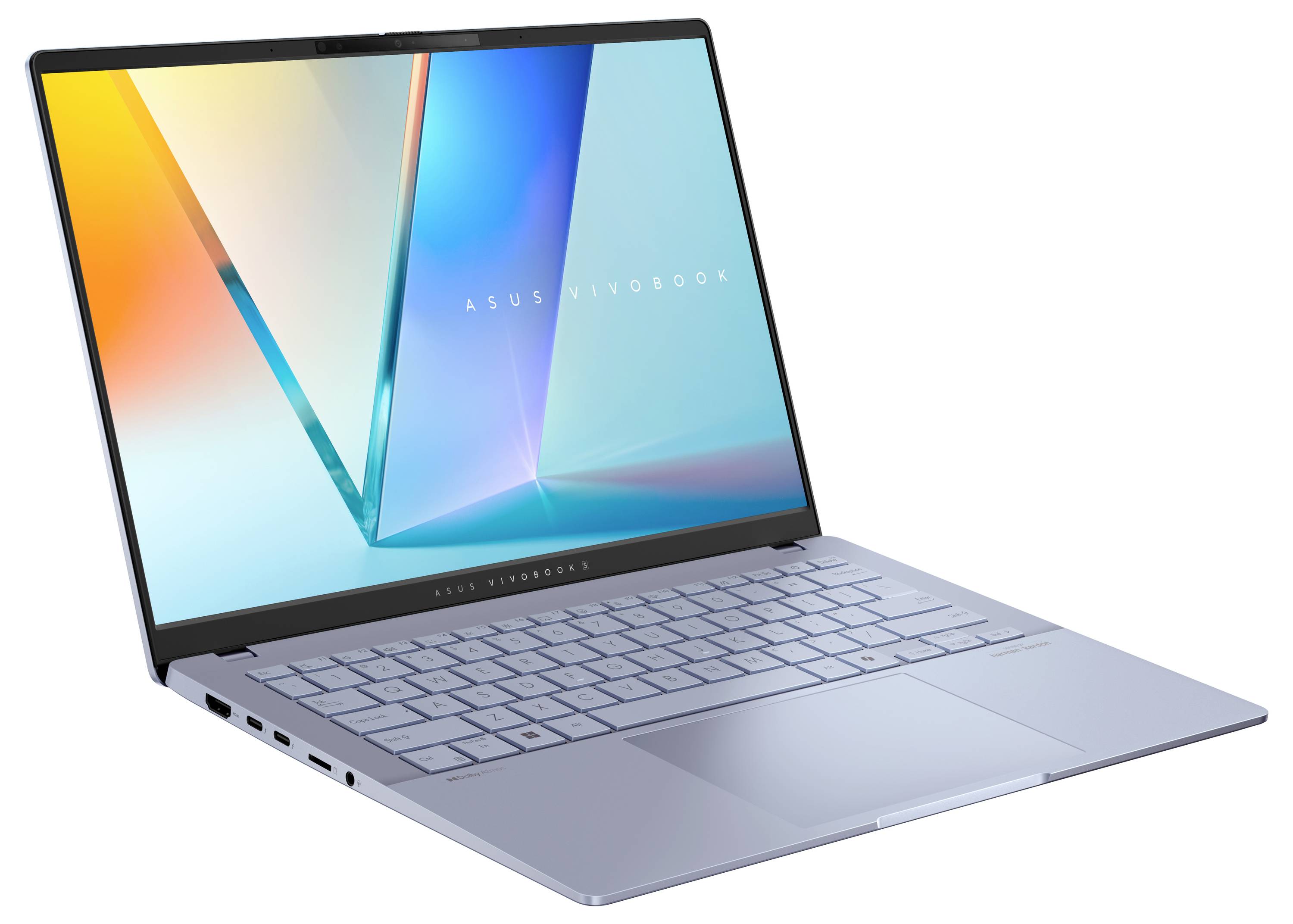 Laptop Asus VivoBook, geöffnet, mit farbenfrohem Bildschirm. Tastatur in Silber, schlankes Design, Blick von schräg oben.