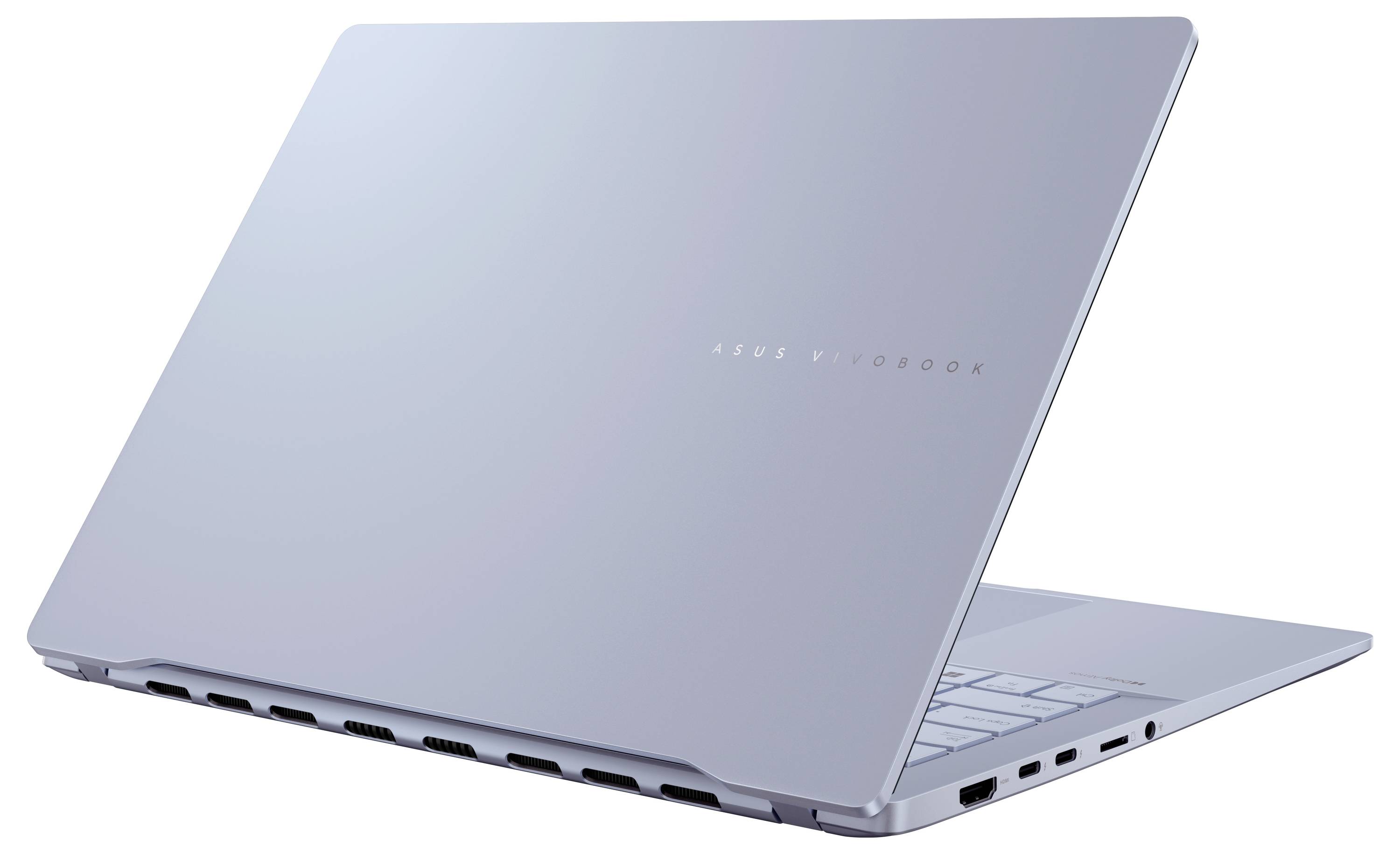 Ein schlanker, silberner Laptop mit dem Aufdruck 'ASUS Vivobook', leicht aufgeklappt, zeigt die rechte Seite mit Anschlüssen.