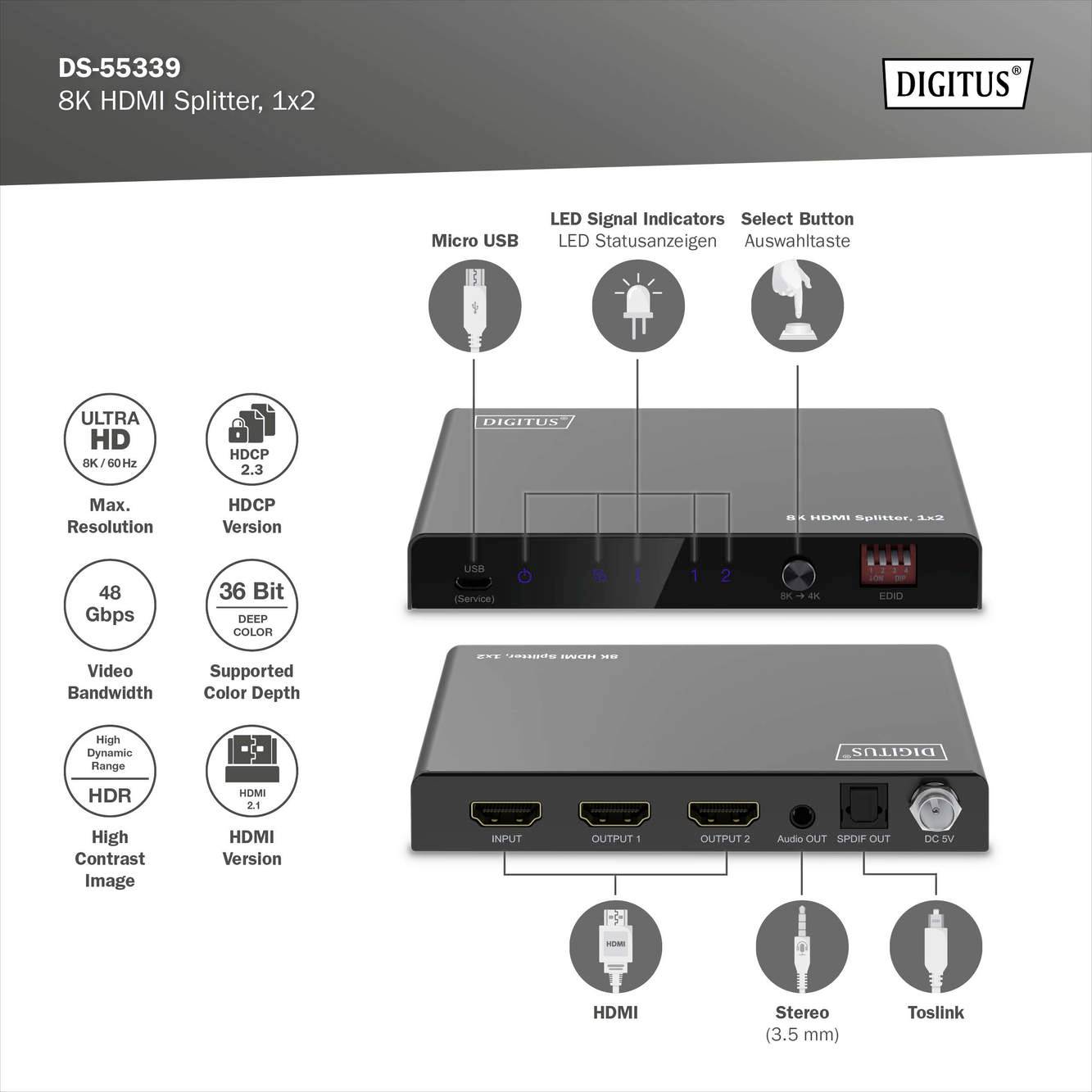 Digitus DS-55339 1+2 Port HDMI-Splitter Metallgehäuse, LED-Anzeige, mit Status-LEDs, zur internen Verwendung 7680 x 4320 Pixel