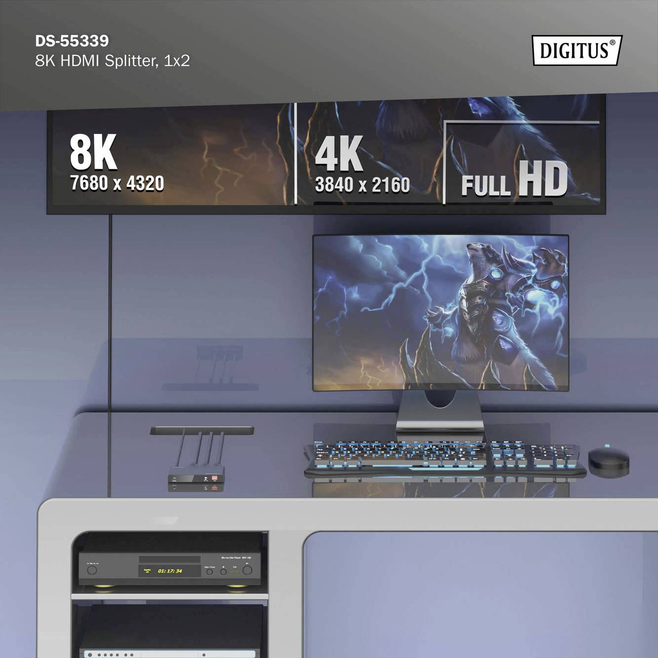 Digitus DS-55339 1+2 Port HDMI-Splitter Metallgehäuse, LED-Anzeige, mit Status-LEDs, zur internen Verwendung 7680 x 4320 Pixel