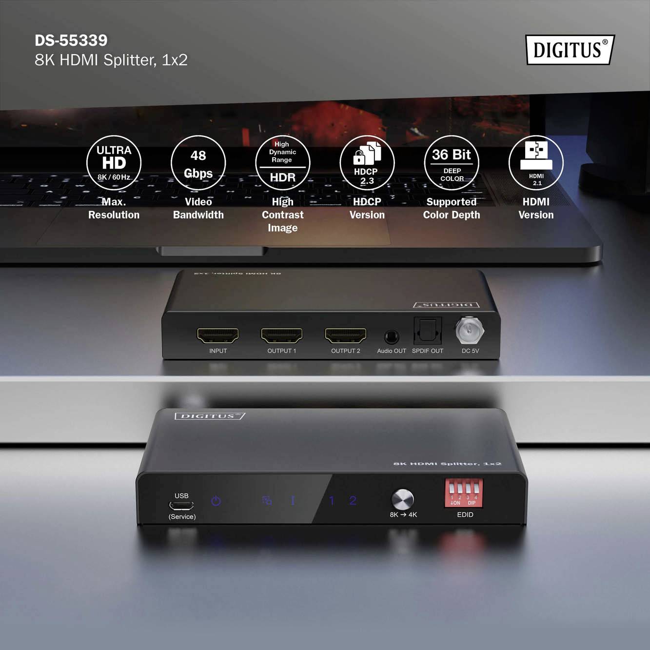 Digitus DS-55339 1+2 Port HDMI-Splitter Metallgehäuse, LED-Anzeige, mit Status-LEDs, zur internen Verwendung 7680 x 4320 Pixel