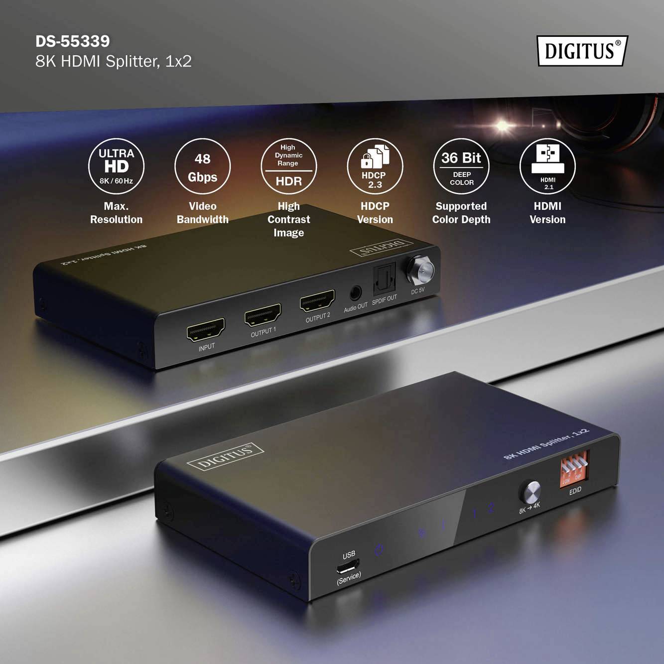 Digitus DS-55339 1+2 Port HDMI-Splitter Metallgehäuse, LED-Anzeige, mit Status-LEDs, zur internen Verwendung 7680 x 4320 Pixel