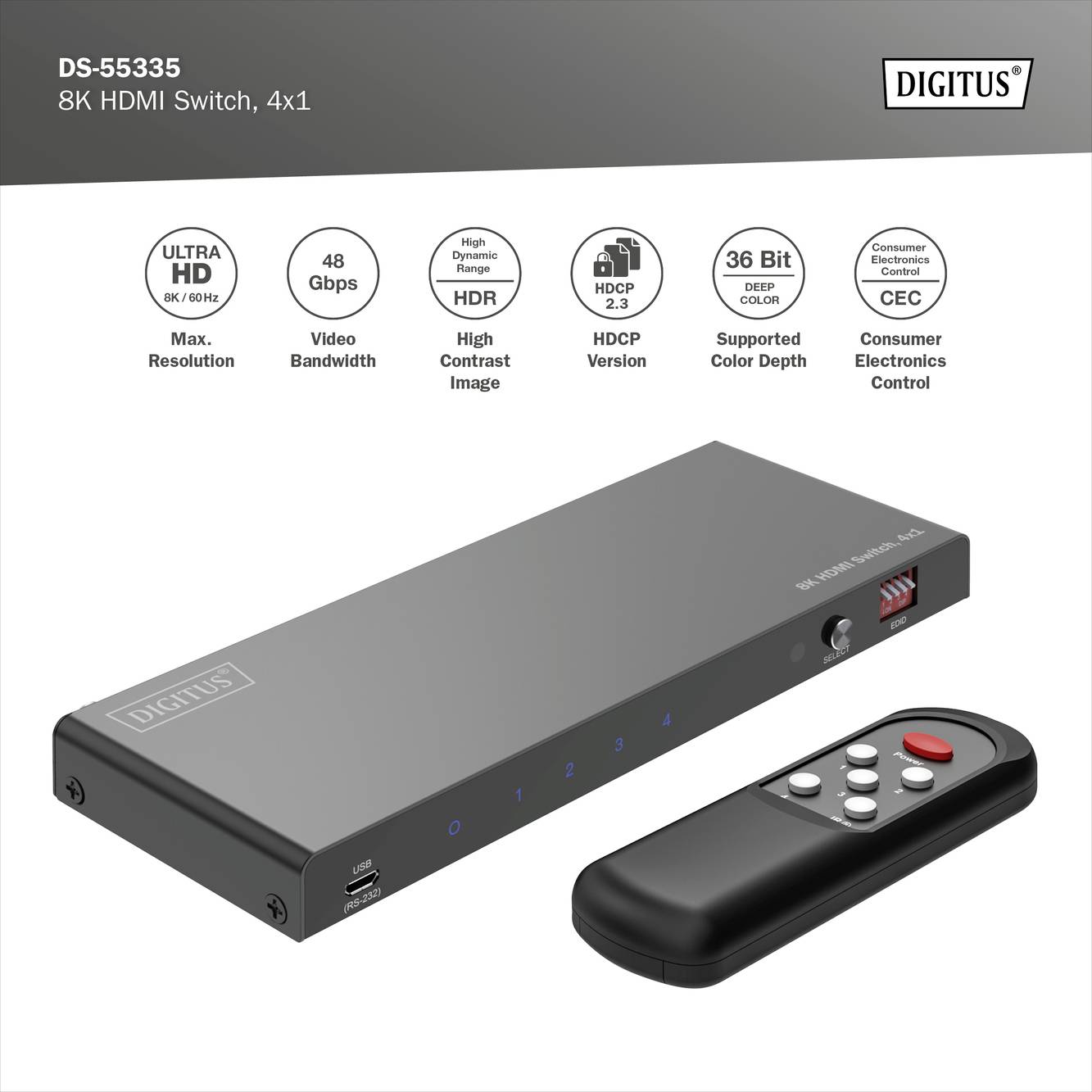 Digitus DS-55335 HDMI-Switch LED-Anzeige, Metallgehäuse, mit Fernbedienung, Ultra HD-fähig 7680 x 4320 Pixel