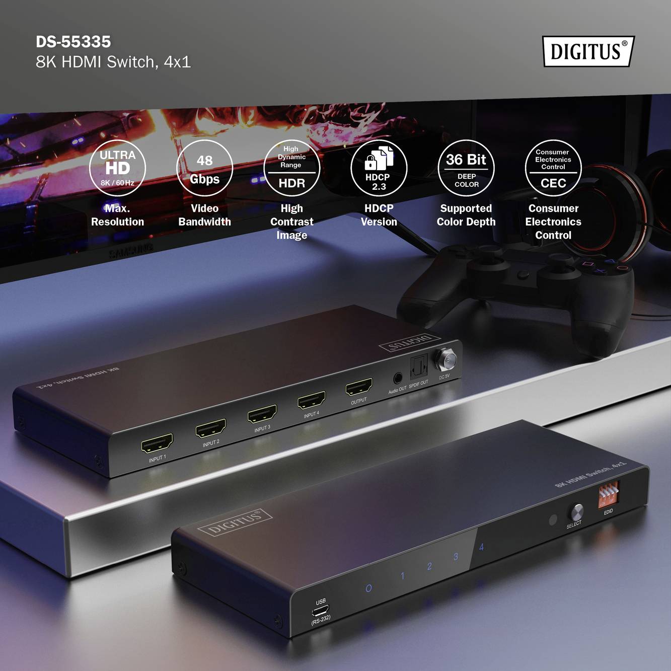 Digitus DS-55335 HDMI-Switch LED-Anzeige, Metallgehäuse, mit Fernbedienung, Ultra HD-fähig 7680 x 4320 Pixel