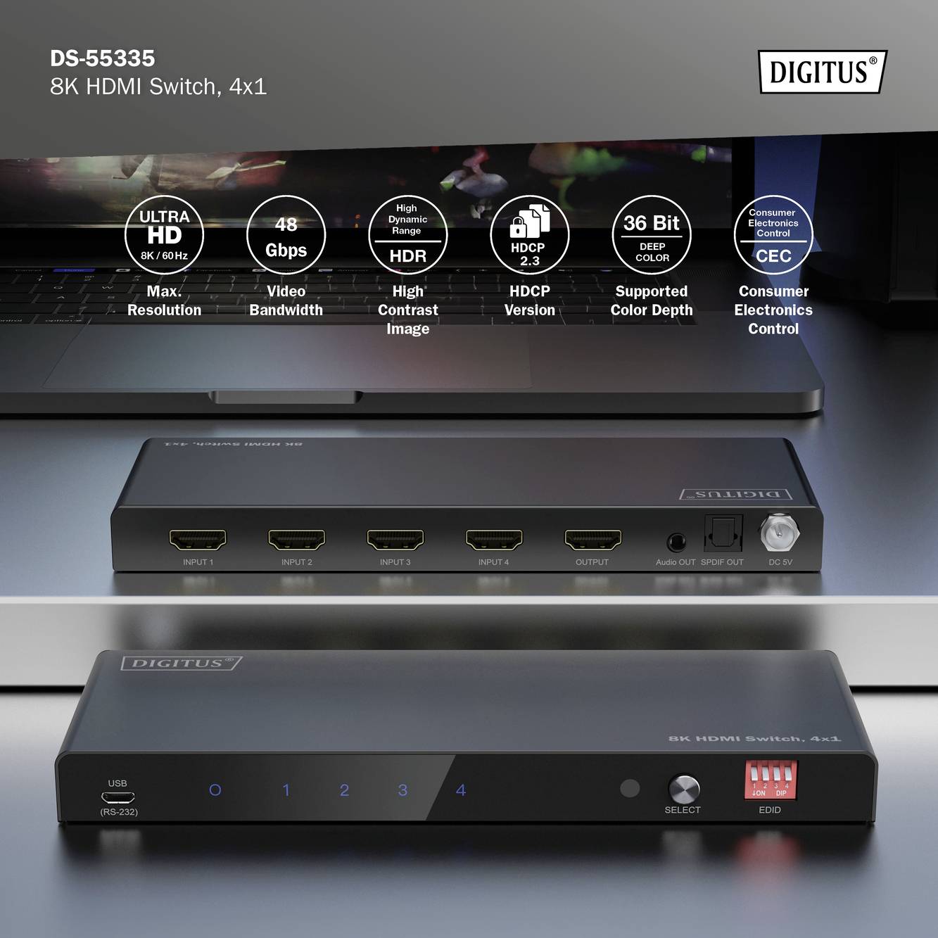 Digitus DS-55335 HDMI-Switch LED-Anzeige, Metallgehäuse, mit Fernbedienung, Ultra HD-fähig 7680 x 4320 Pixel