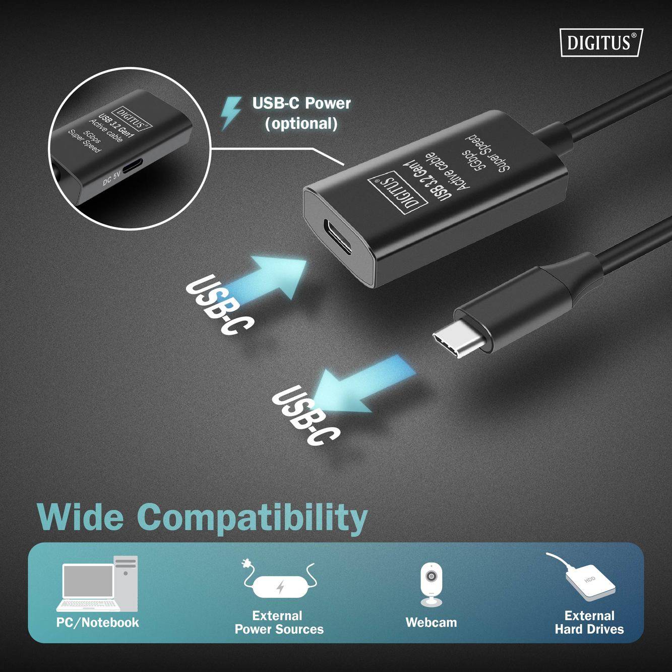 Digitus USB-C® Kabel USB 3.2 Gen1, USB 3.2 Gen1, USB 3.0 USB-C®, USB-C® Buchse, USB-C® Stecker 5.00m Schwarz Aktiv mit