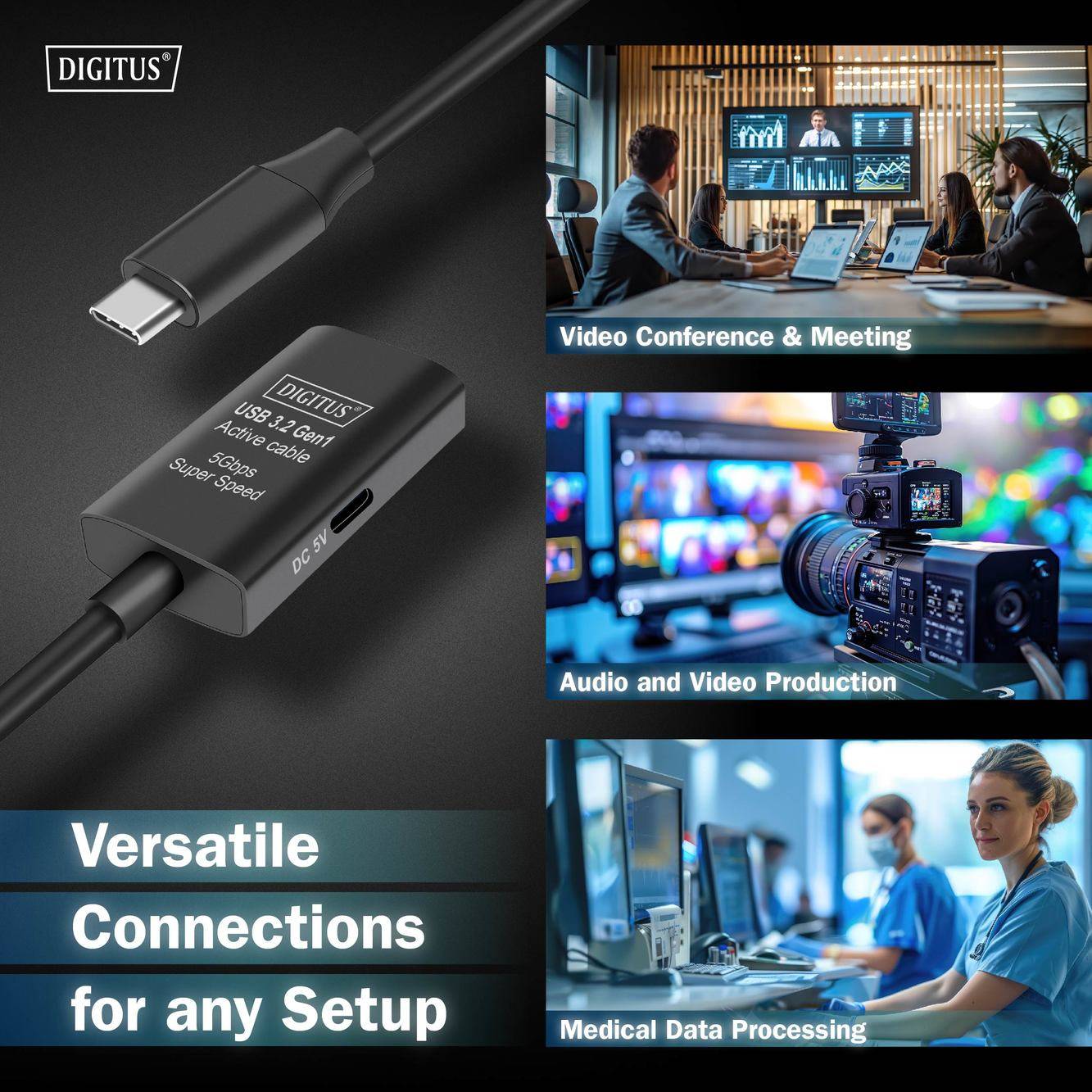 Digitus USB-C® Kabel USB 3.2 Gen1, USB 3.2 Gen1, USB 3.0 USB-C®, USB-C® Buchse, USB-C® Stecker 5.00m Schwarz Aktiv mit