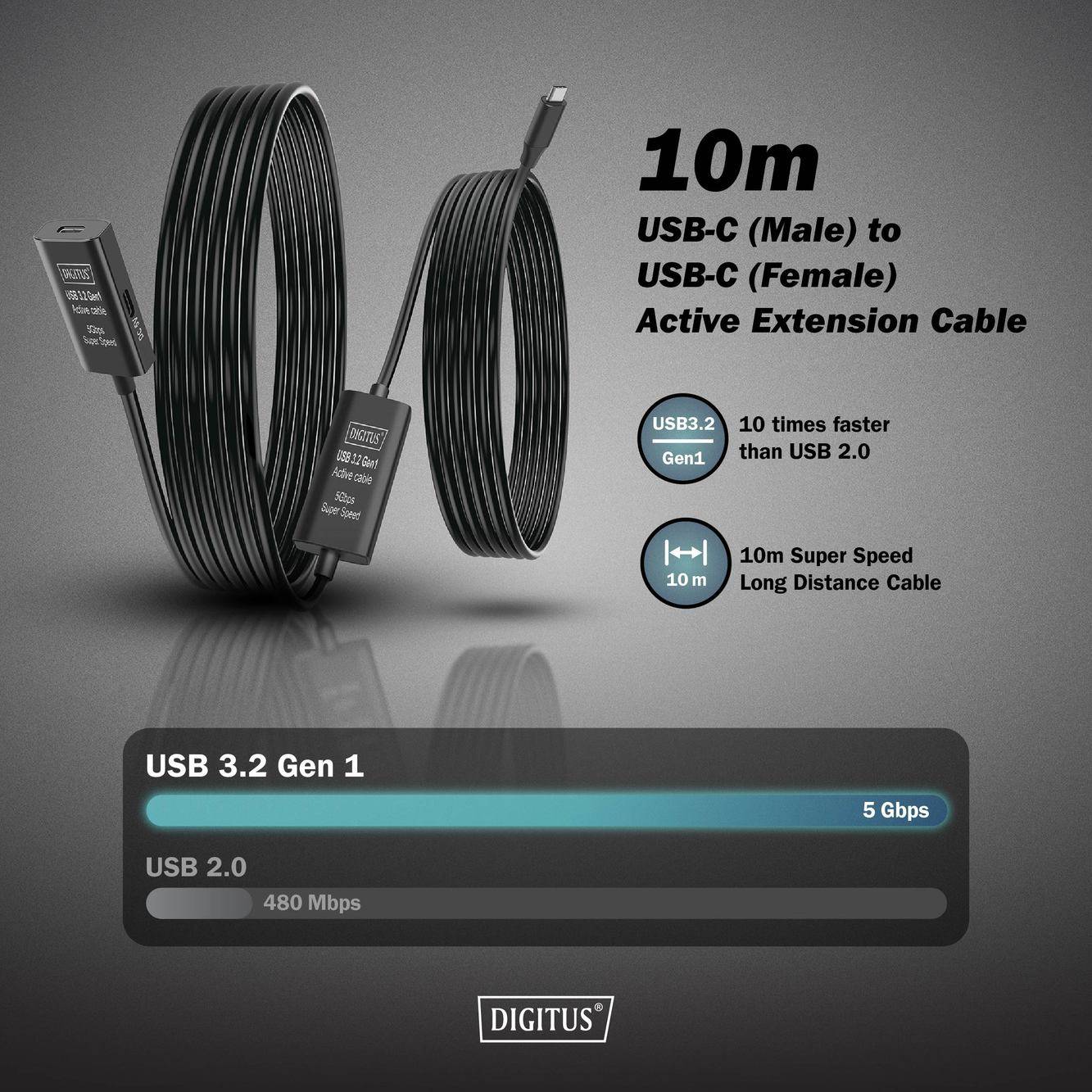 Digitus USB-C® Kabel USB 3.2 Gen1, USB 3.2 Gen1, USB 3.0 USB-C®, USB-C® Buchse, USB-C® Stecker 10.00m Schwarz Aktiv mit