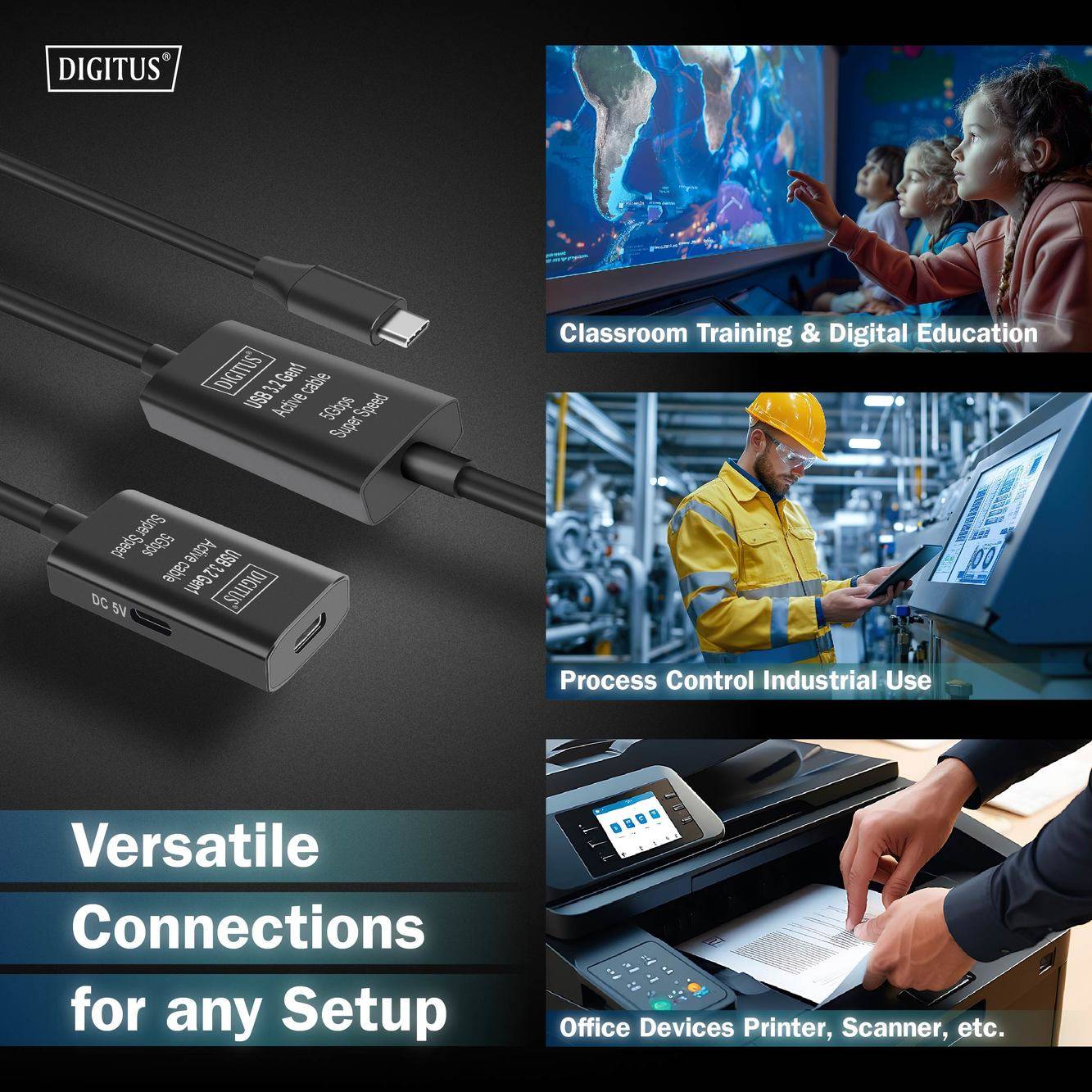 Digitus USB-C® Kabel USB 3.2 Gen1, USB 3.2 Gen1, USB 3.0 USB-C®, USB-C® Buchse, USB-C® Stecker 10.00m Schwarz Aktiv mit