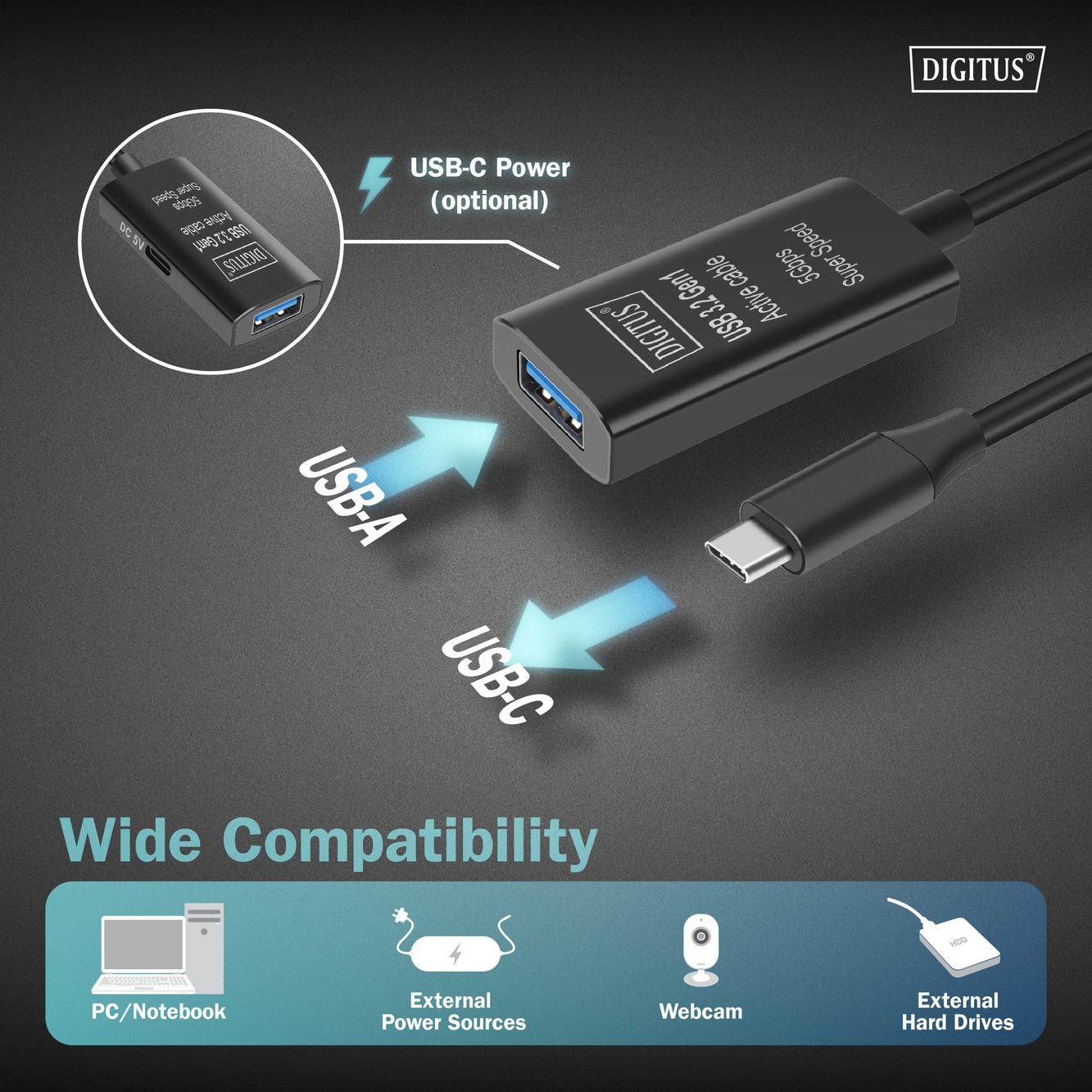 Digitus USB-Kabel USB 3.2 Gen1, USB 3.2 Gen1, USB 3.0 USB-C®, USB-C® Stecker, USB-A Buchse 5.00m Schwarz Aktiv mi