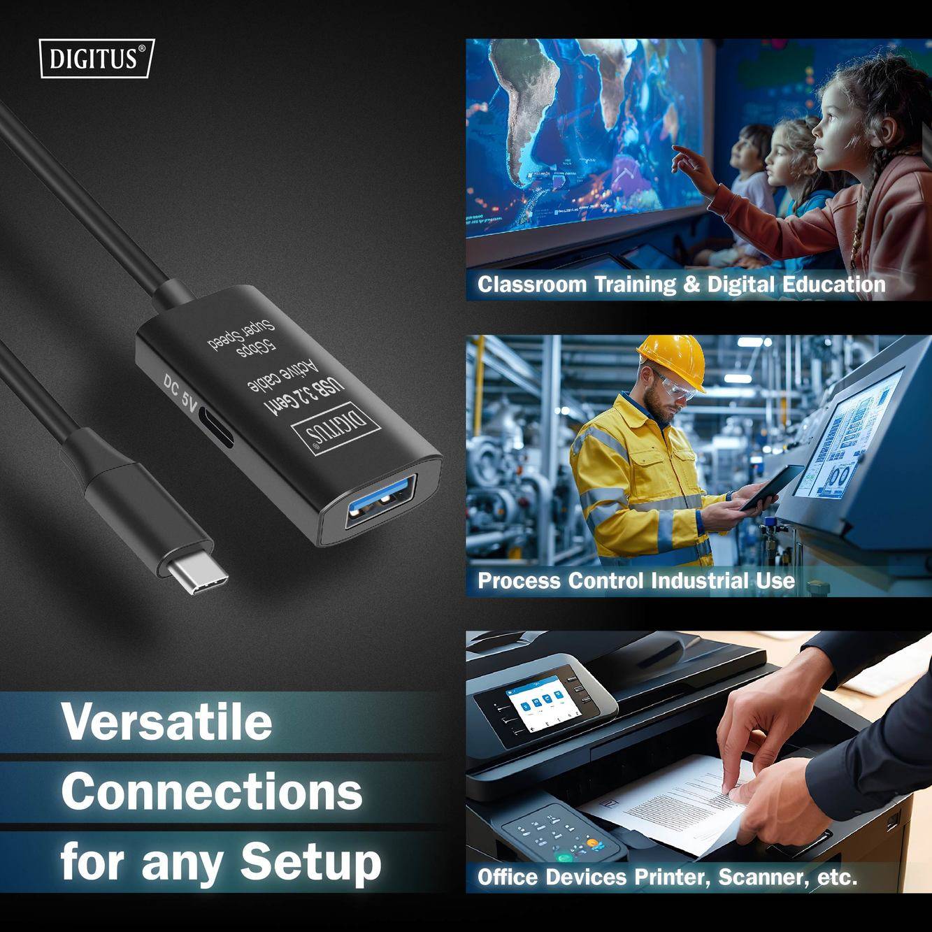 Digitus USB-Kabel USB 3.2 Gen1, USB 3.2 Gen1, USB 3.0 USB-C®, USB-C® Stecker, USB-A Buchse 5.00m Schwarz Aktiv mi