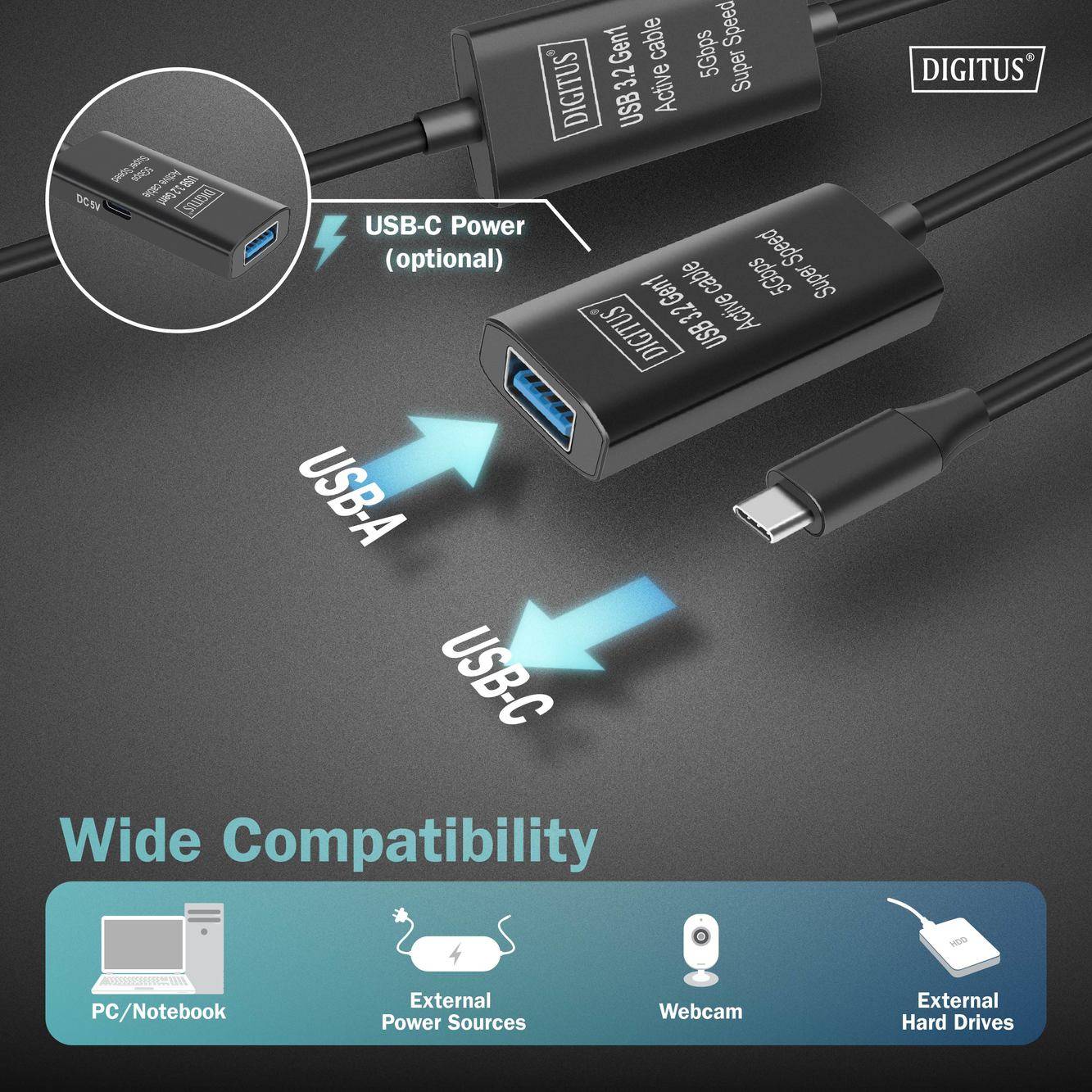 Digitus USB-Kabel USB 3.2 Gen1, USB 3.2 Gen1, USB 3.0 USB-C®, USB-C® Stecker, USB-A Buchse 10.00m Schwarz Aktiv mi