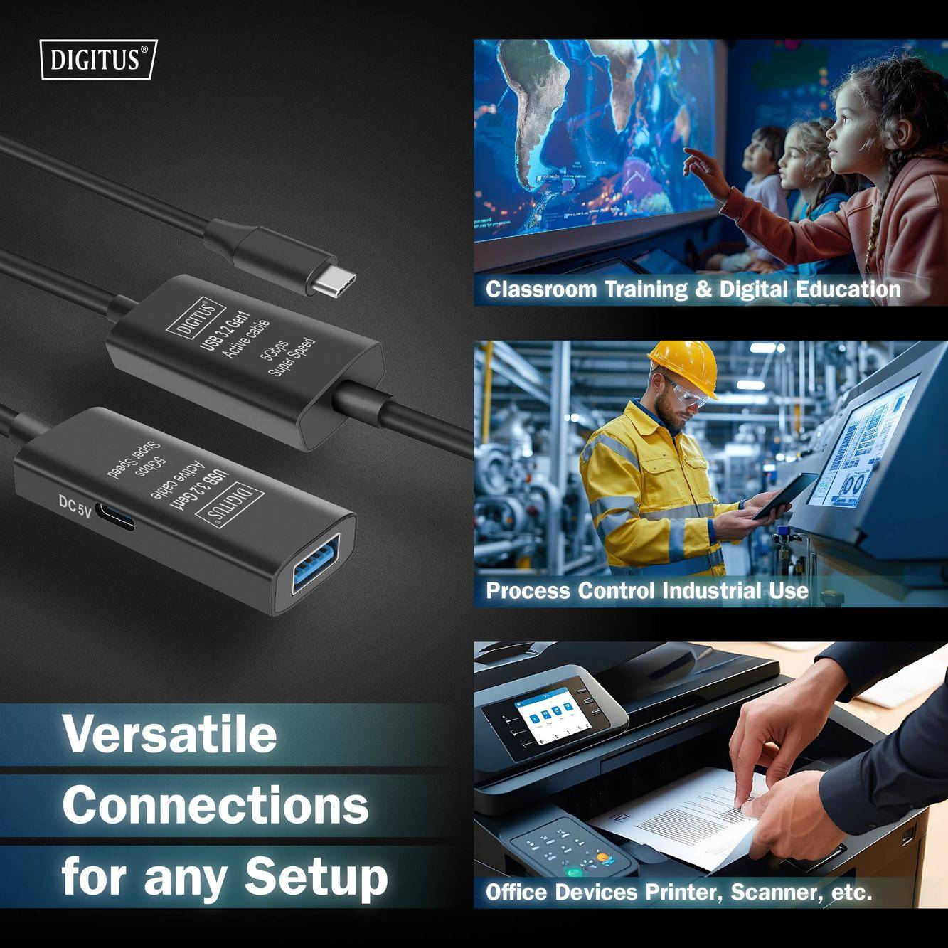 Digitus USB-Kabel USB 3.2 Gen1, USB 3.2 Gen1, USB 3.0 USB-C®, USB-C® Stecker, USB-A Buchse 10.00m Schwarz Aktiv mi