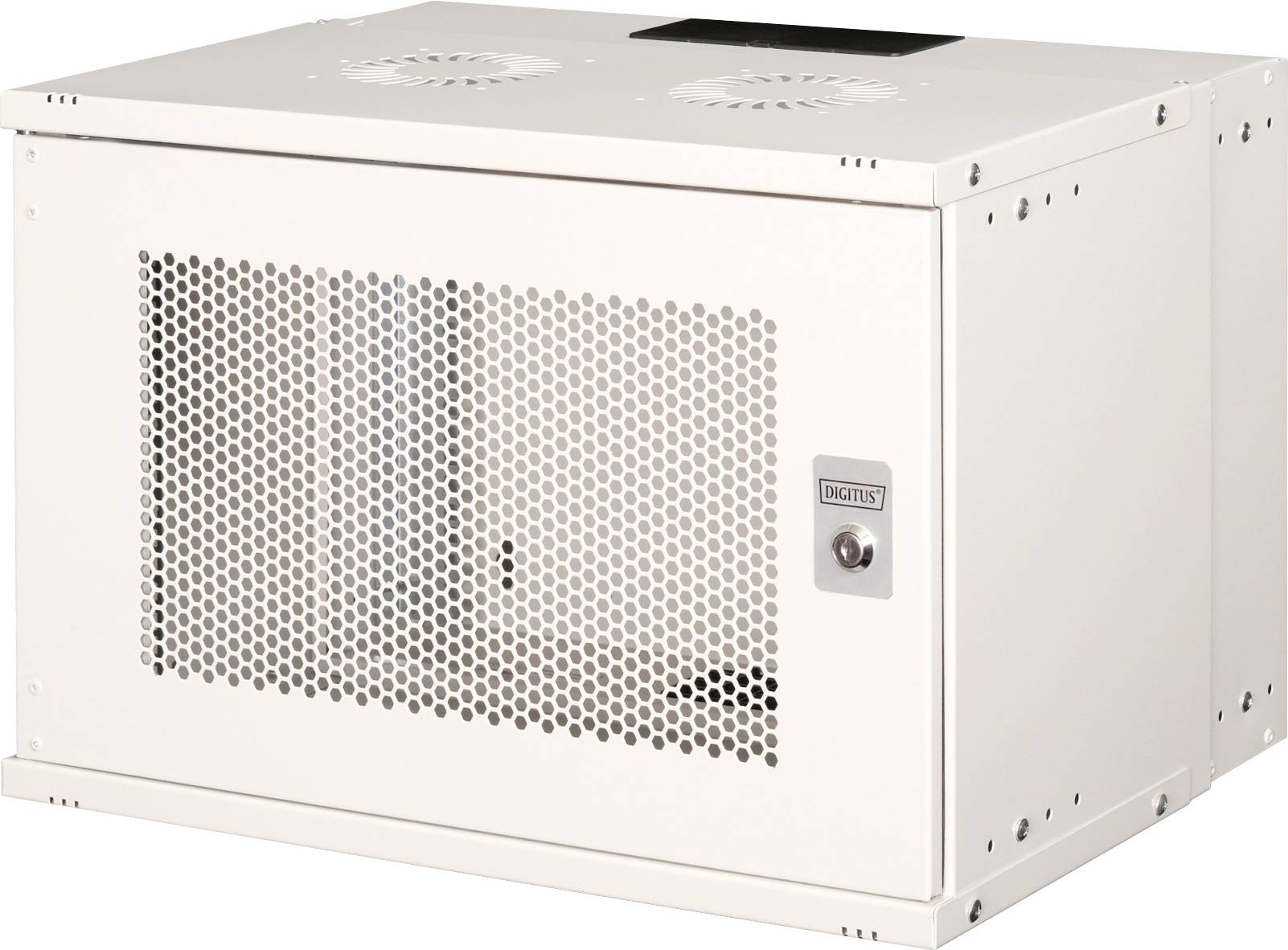 Ein weißes Metallgehäuse mit einer perforierten Frontplatte und einem Schloss, konzipiert für sichere Geräteaufbewahrung und Belüftung.
