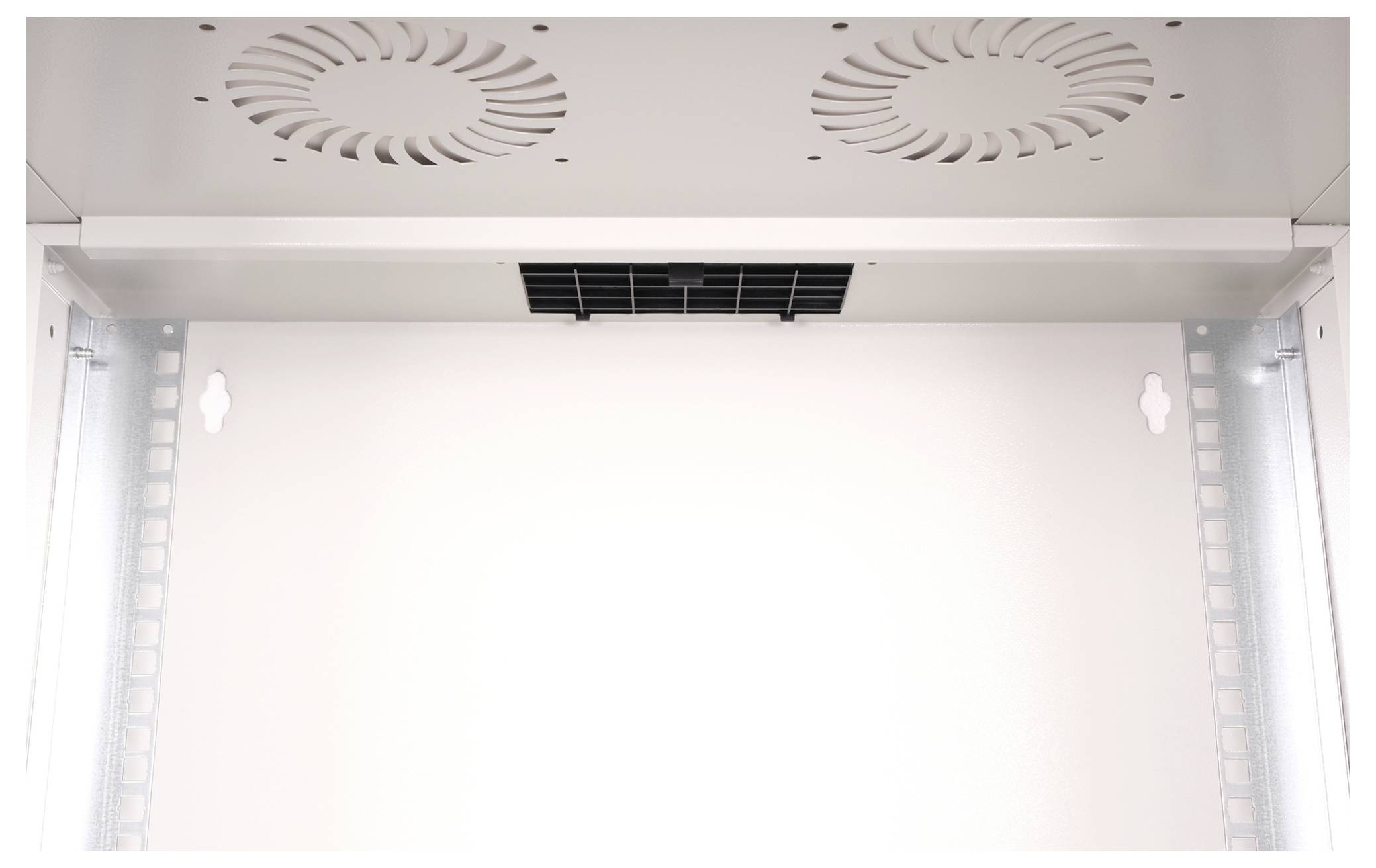 Inneres eines Metallschranks mit zwei Lüftern auf der Oberseite und Befestigungslöchern an den Seitenwänden.