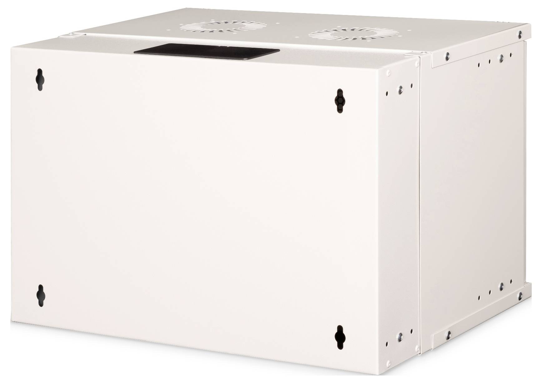 Eine weiße Metallbox mit Lüftungslöchern auf der Oberseite und Befestigungslöchern an den Seiten, höchstwahrscheinlich für den Einsatz in elektrischen Installationen.