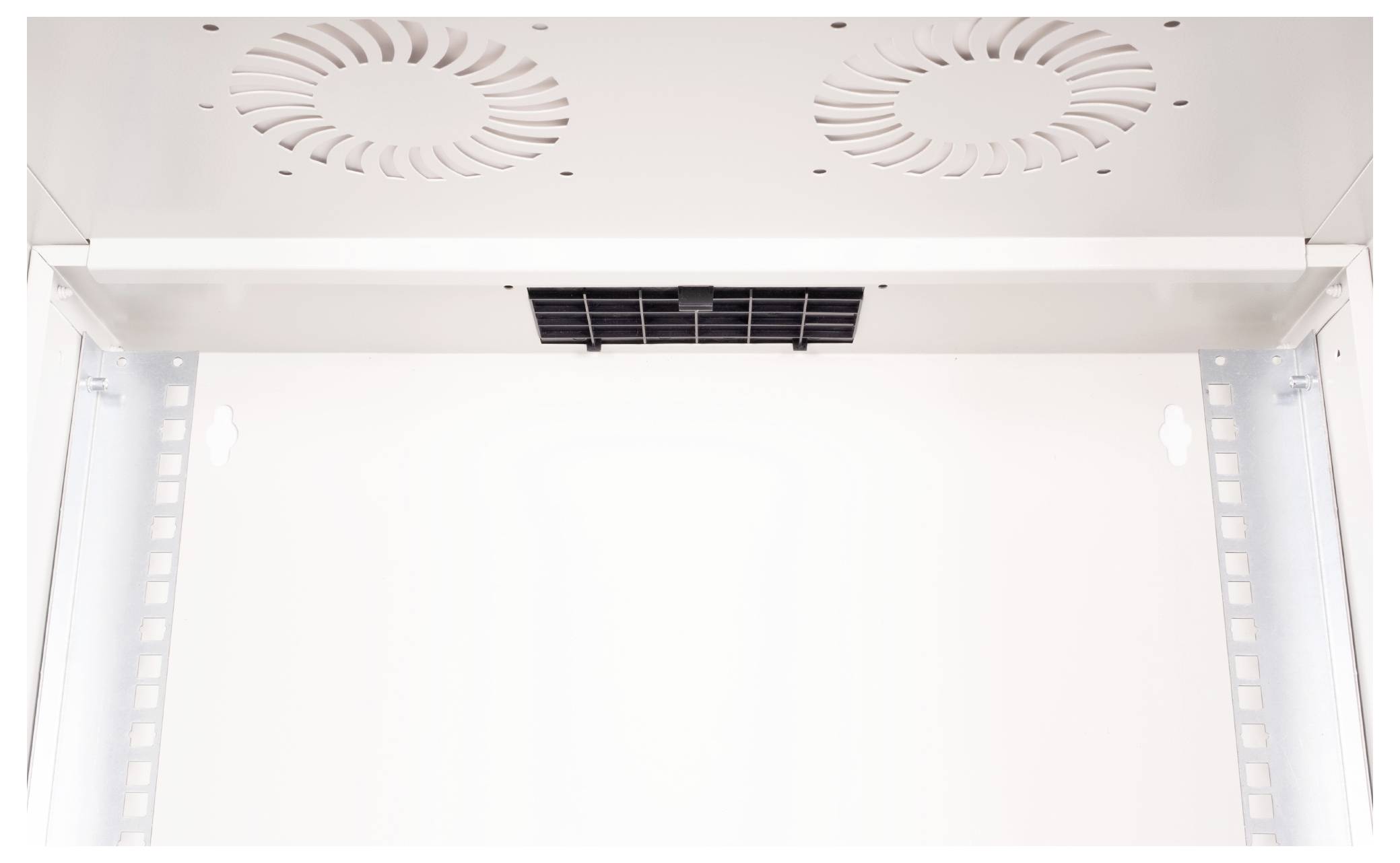 Eine weiße Serverrack-Decke mit Ventilatoren und einer zentralen Luftöffnung, entwickelt zur Kühlung von Serverausrüstung in Rechenzentren.