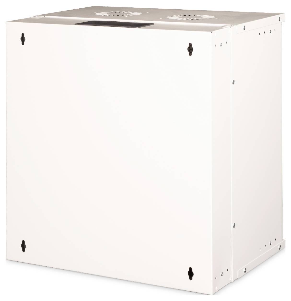 Eine weiße Metallgehäusebox für elektrische Komponenten mit Lüftungslöchern auf der Oberseite und Befestigungsbügeln an den Seiten.