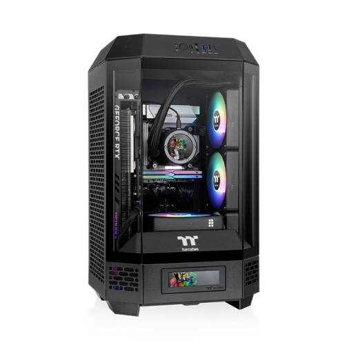 Ein schwarzes PC-Gehäuse mit durchsichtigem Fenster zeigt bunte RGB-Komponenten im Inneren, darunter Lüfter und Kühlung.