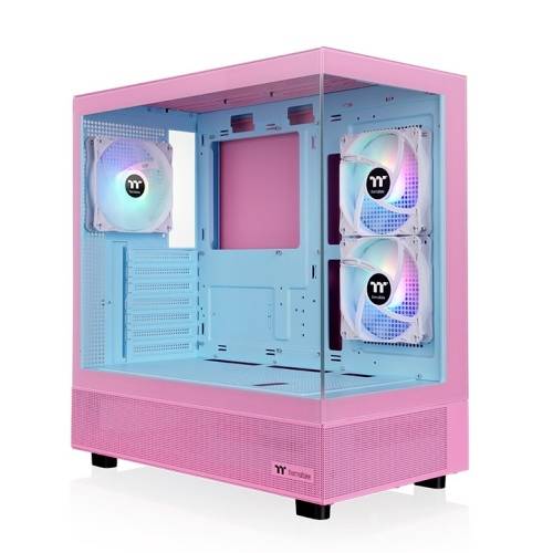 Ein pink-blaues Computergehäuse mit Glasfront und drei beleuchteten Lüftern, ideal für bunte PC-Builds.