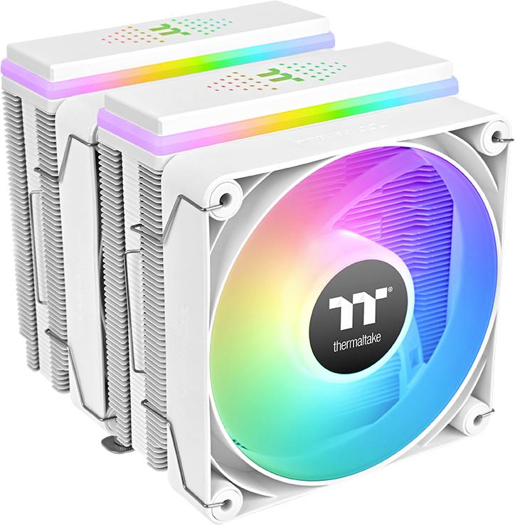 CPU-Kühler von Thermaltake mit zwei Lüftern, die in Regenbogenfarben leuchten. Designed für hohe Kühlleistung in Computern.