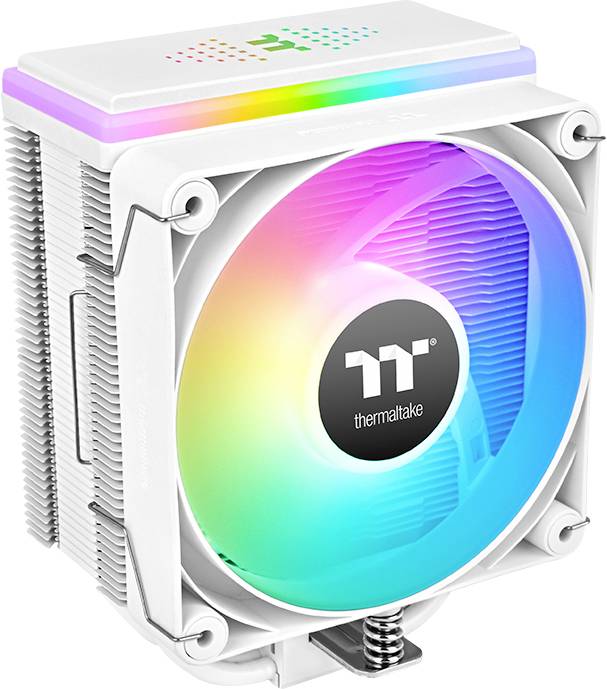 Ein weißer Computerlüfter mit RGB-Beleuchtung von Thermaltake. Der Lüfter hat ein rundes Design mit einem zentralen Logo.