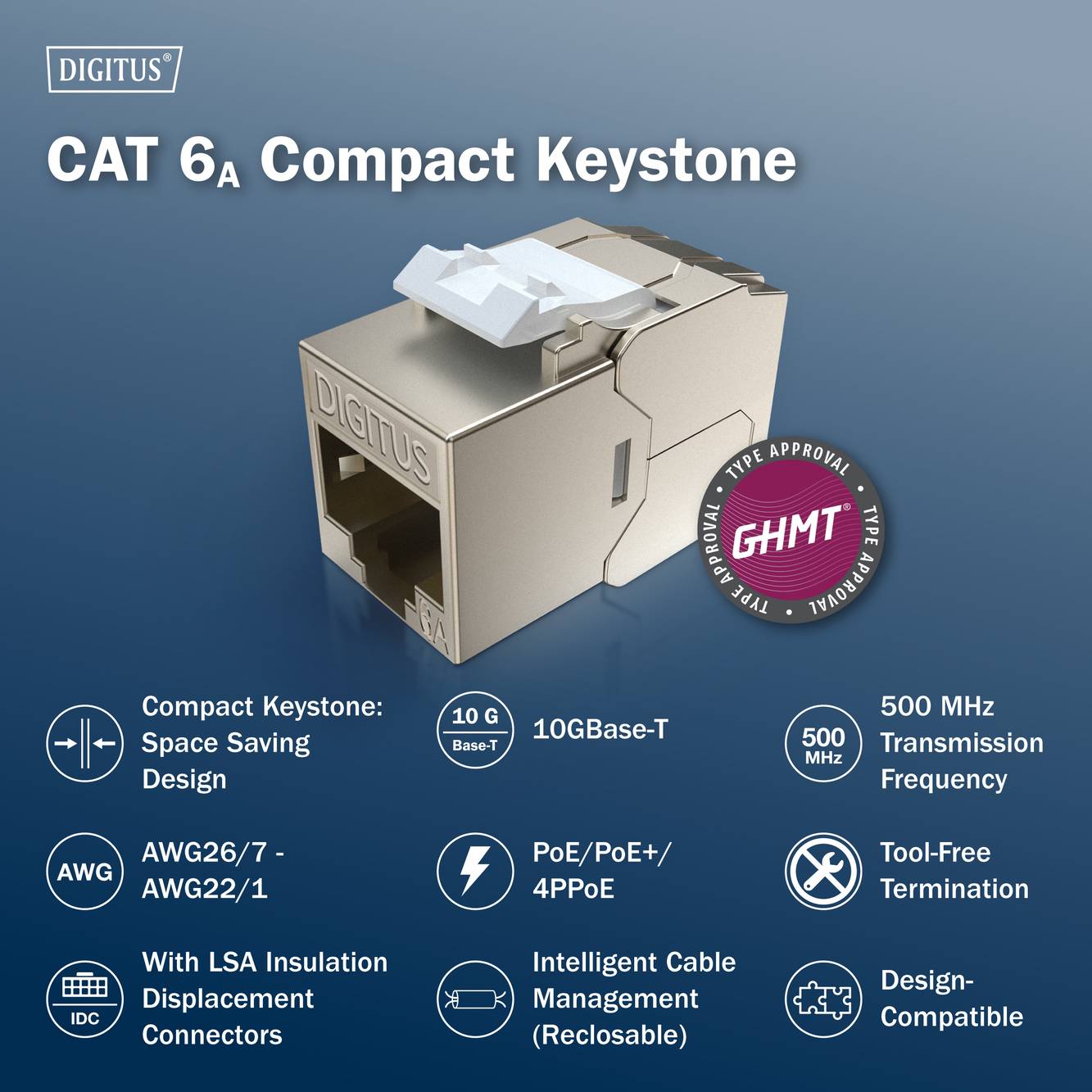 CAT 6A Keystone von Digitus mit Kompakt-Design, werkzeugfreier Montage und 500 MHz Übertragungsfrequenz. Unterstützt PoE/PoE+.