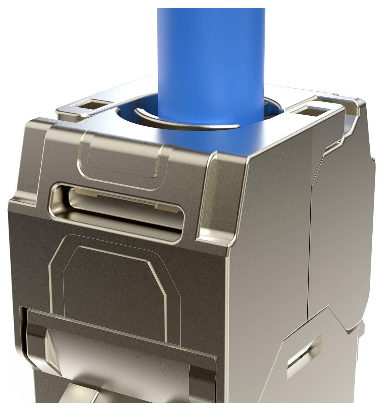 Metallischer Steckverbinder mit eingestecktem blauem Kabel, zeigt Präzision in der Konstruktion für technische Anwendungen.