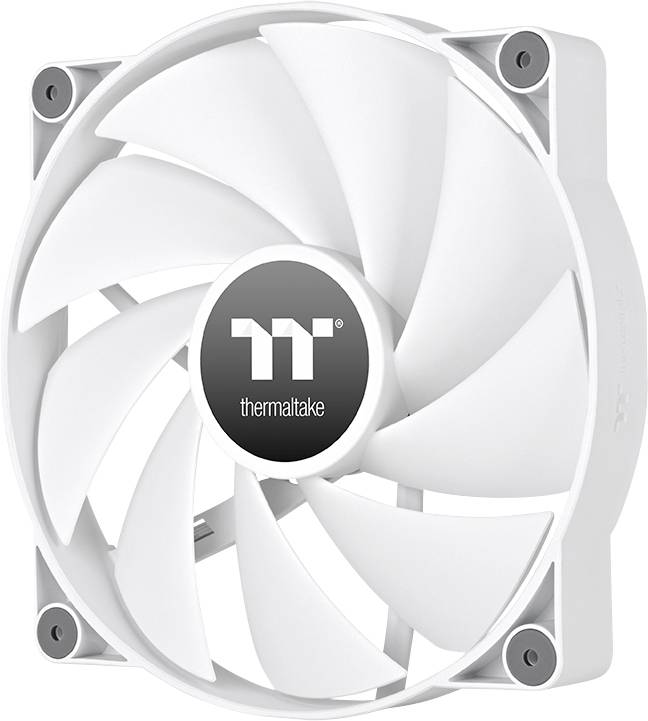 Weißer Computerlüfter mit grauem Thermaltake-Logo in der Mitte, montiert in quadratischem Gehäuse. Hauptsächlich zur Kühlung verwendet.