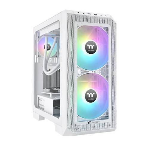 Ein weißes PC-Gehäuse mit zwei leuchtenden RGB-Lüftern an der Vorderseite. Es hat ein elegantes Design mit klaren Seitenwänden.