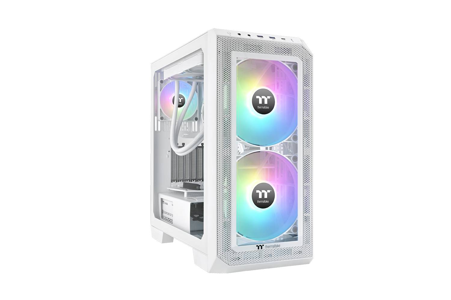 Ein weißer Computergehäuse-Tower mit zwei großen, leuchtenden Lüftern an der Vorderseite, die in verschiedenen Farben leuchten.