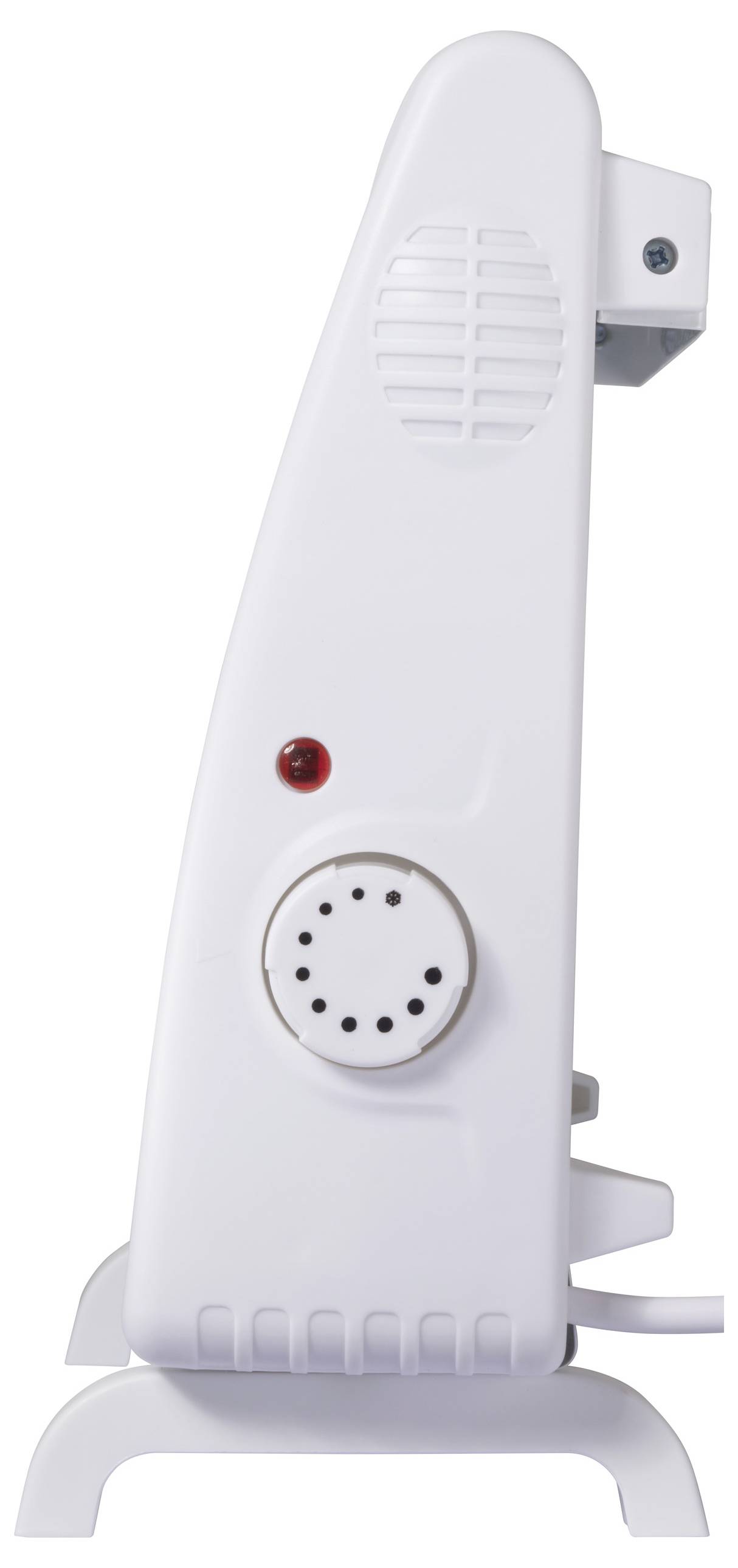Seitenansicht eines weißen elektrischen Heizlüfters mit rotem Kontrolllicht und Lüftungsschlitzen.