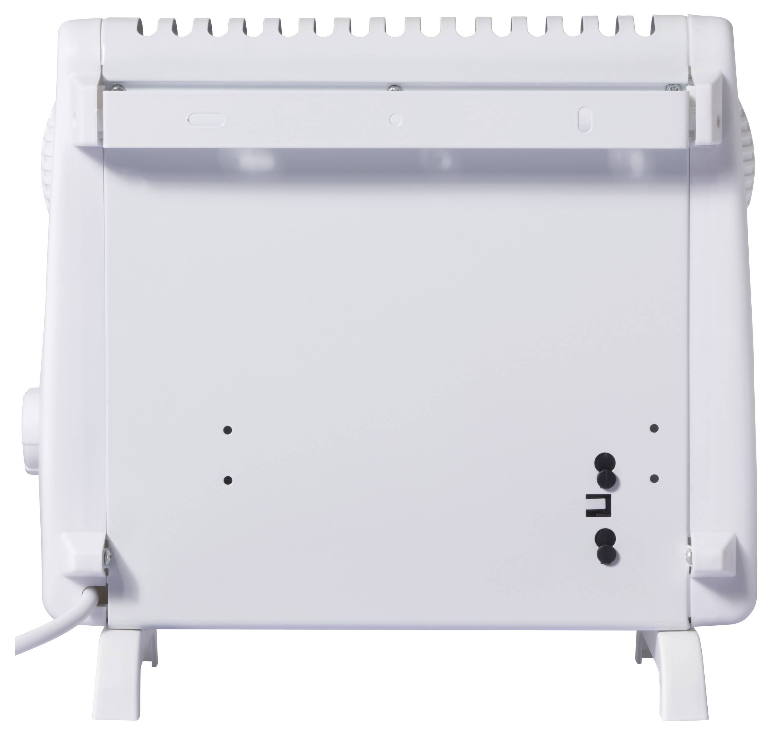 Elektrischer Heizkonvektor von hinten, zeigt Montagehalterungen und Lüftungsschlitze.