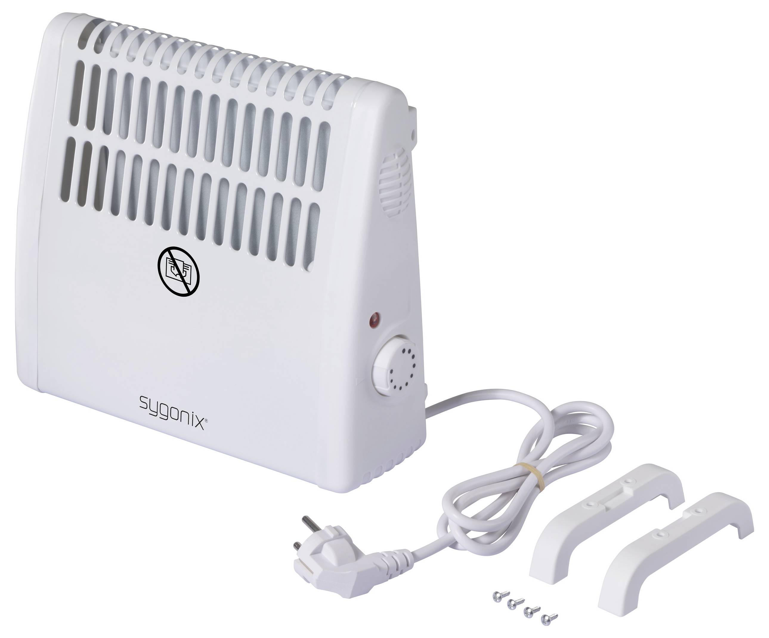 Ein weißer, tragbarer Heizlüfter von sygonix mit Drehregler und Stromkabel. Im Lieferumfang befinden sich zwei Halterungen und Schrauben.