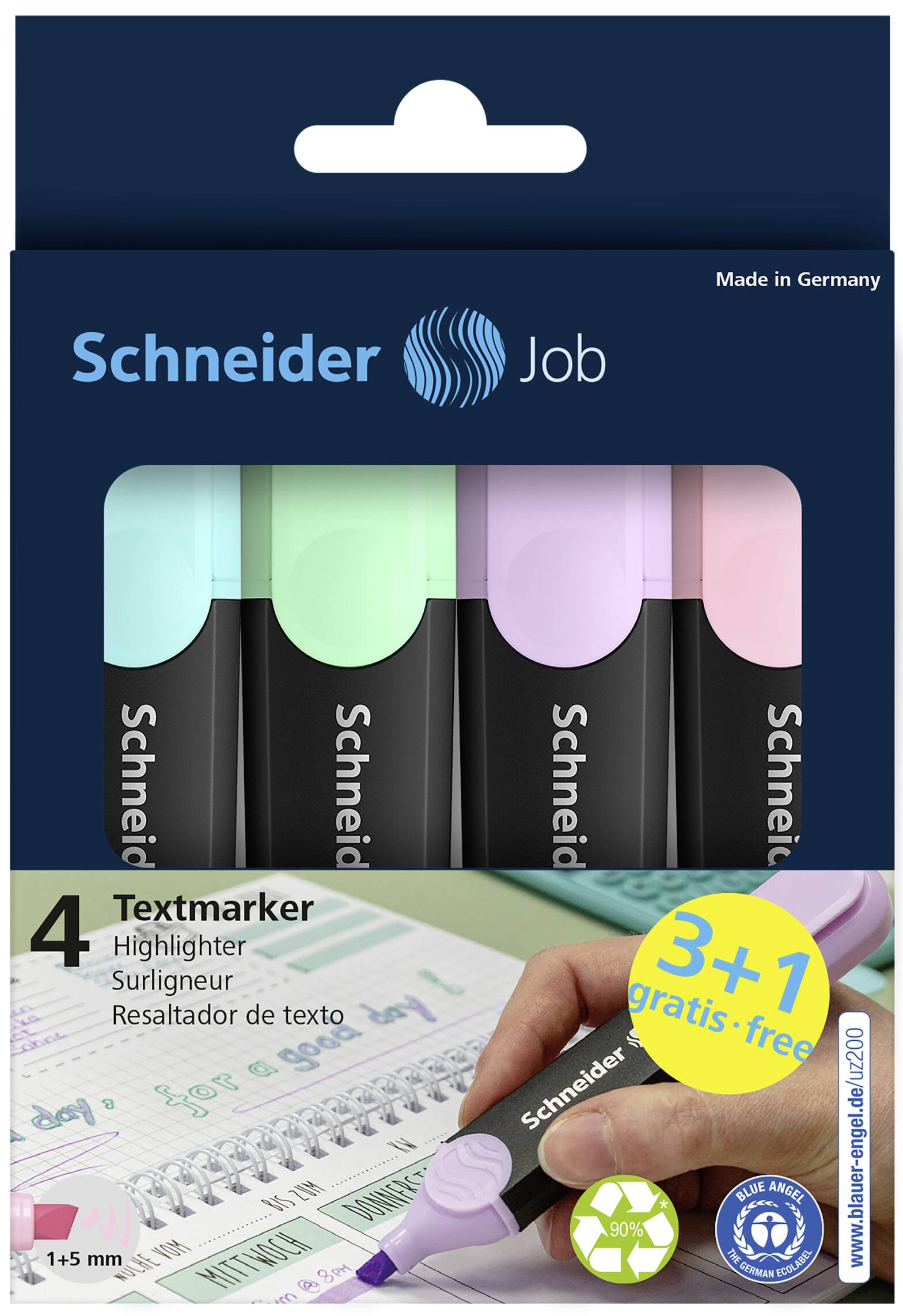 Vier Textmarker in Pastellfarben in einer Verpackung. Enthält die Farben: Mint, Lila, Rosa und Blau. Hinweis: '3+1 gratis'.