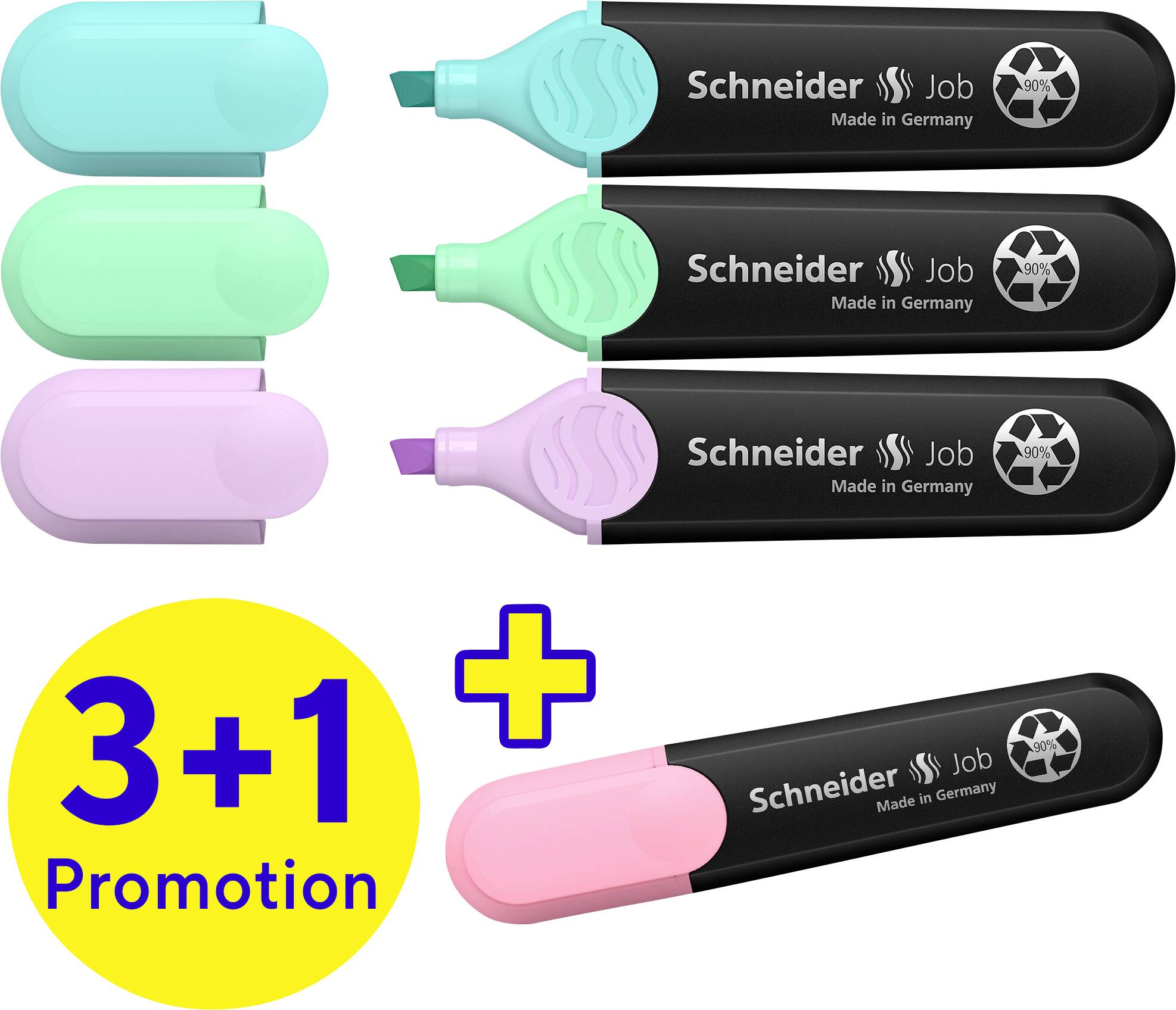Drei Textmarker in Grün, Blau, Lila oben mit Kappen rechts. Unten: '3+1 Promotion', ein vierter in Pink mit Kappe links hinzugefügt.