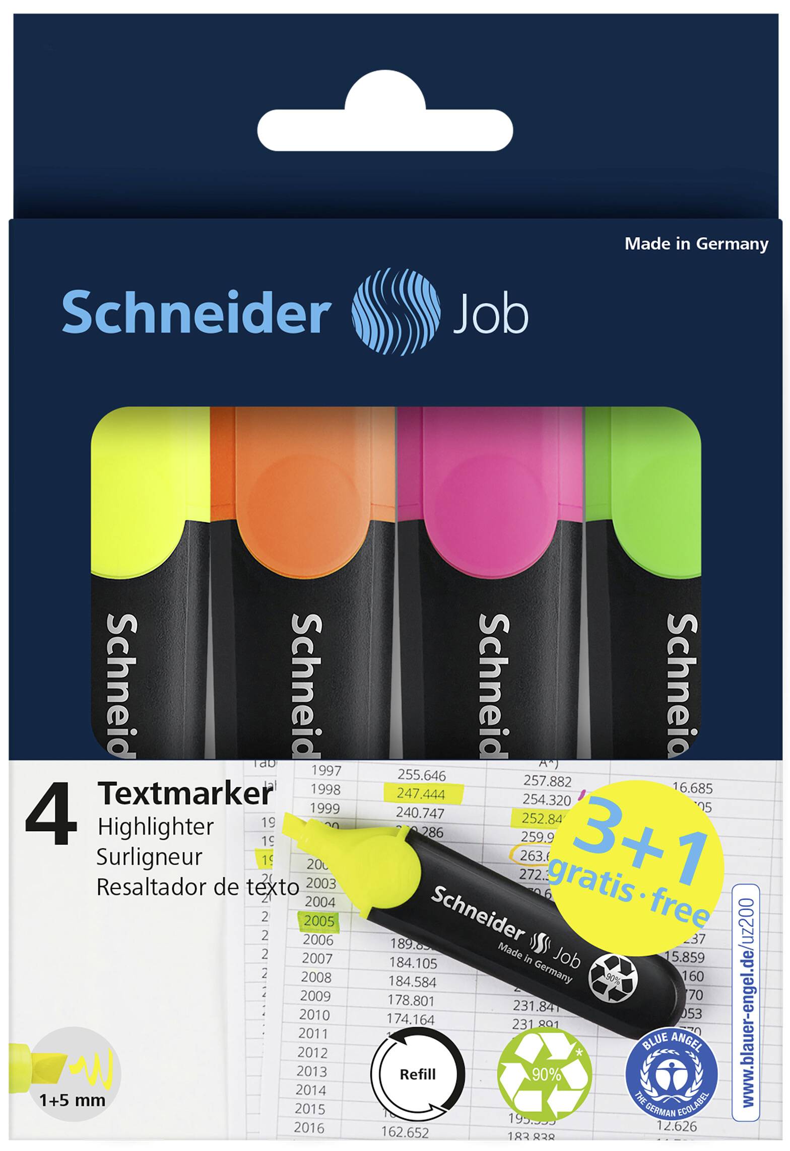 Schneider Schreibgeräte Textmarker Textmarker Job 4er Etui sortiert, 3+1 Aktion 115094 4St.