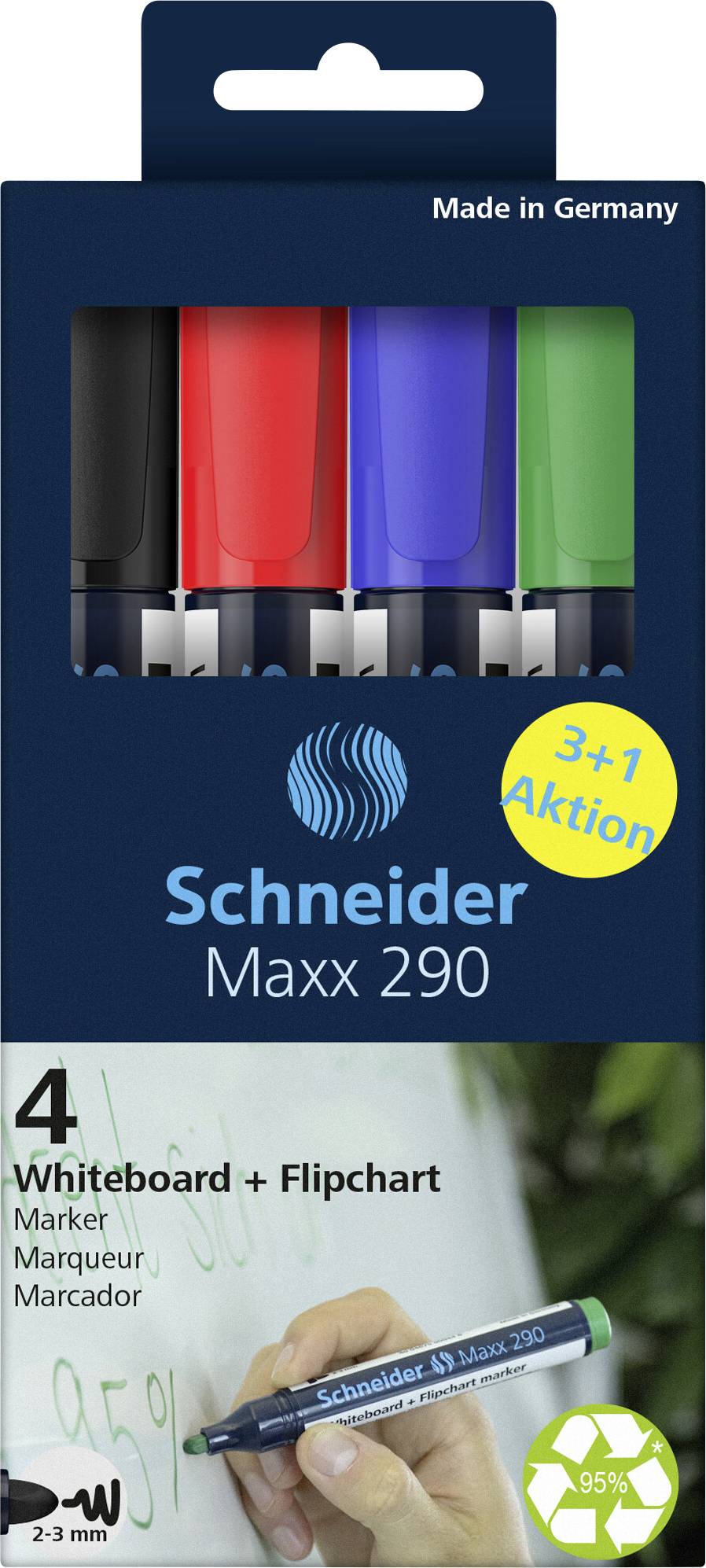 Vier Schneider Maxx 290 Whiteboard- und Flipchart-Marker in den Farben Schwarz, Rot, Blau und Grün, verpackt.