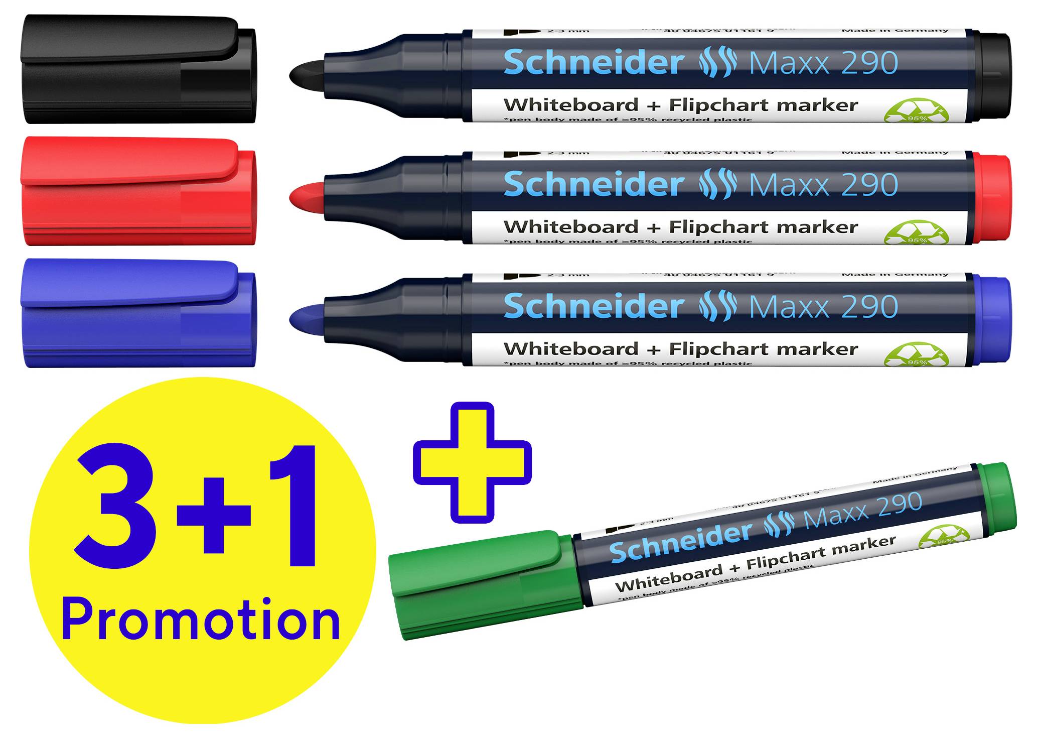 Drei schwarze, ein roter, ein blauer und ein grüner Whiteboard-Marker von Schneider. Text: 3+1 Promotion.