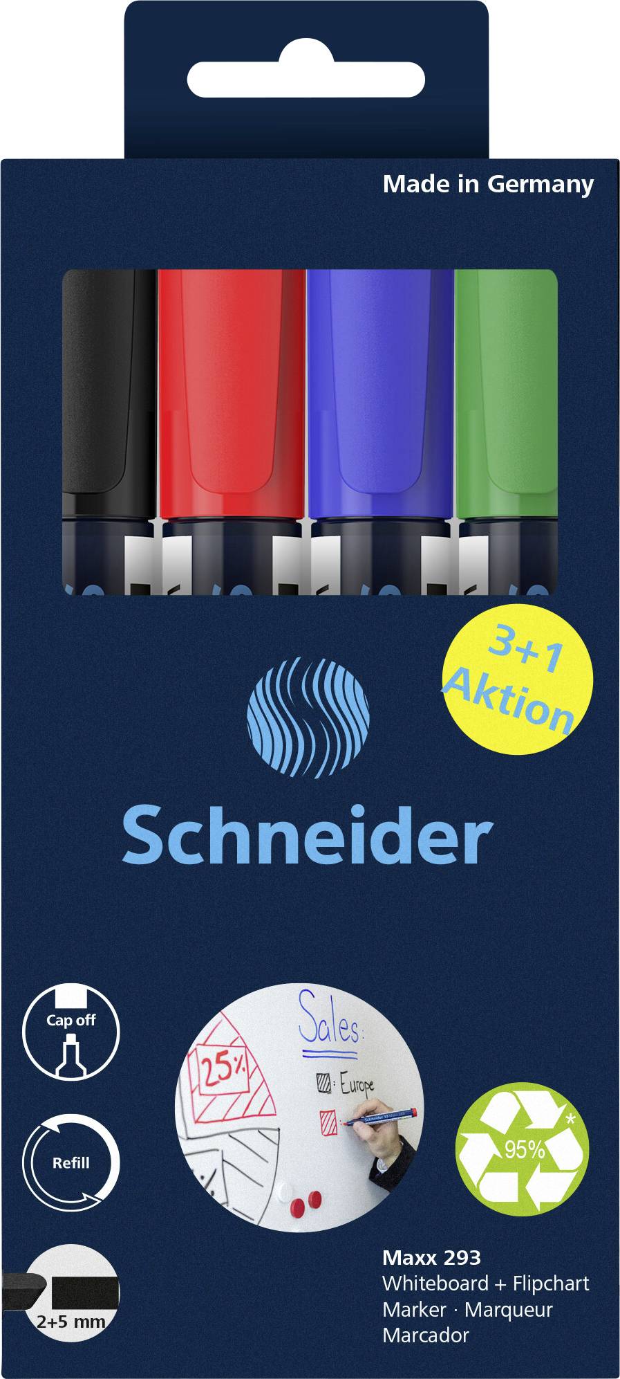 Eine Packung Schneider Whiteboard-Marker in den Farben Schwarz, Rot, Blau und Grün mit der Aufschrift '3+1 Aktion'.