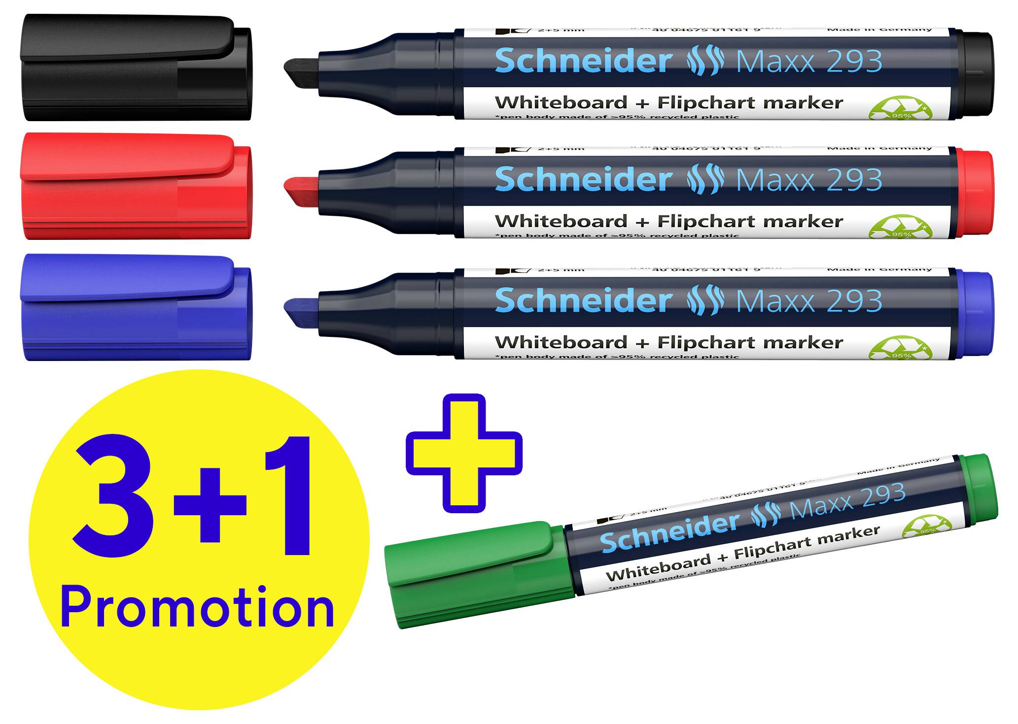 'Schneider Maxx 293 Whiteboard + Flipchart Marker', Promotion: drei Marker (schwarz, rot, blau) plus ein grüner kostenlos.