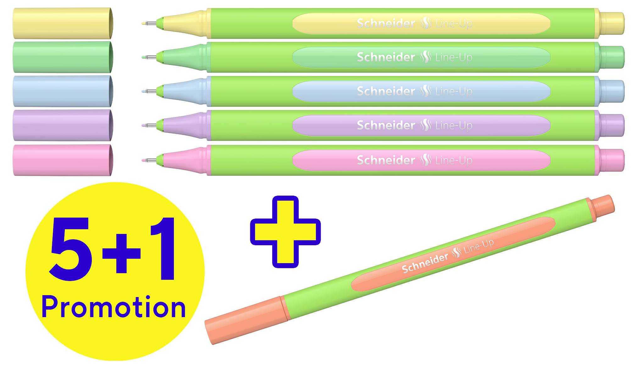 Sechs Textmarker in verschiedenen Farben. Text: 'Schneider Line-Up'. Angebot: '5+1 Promotion'.