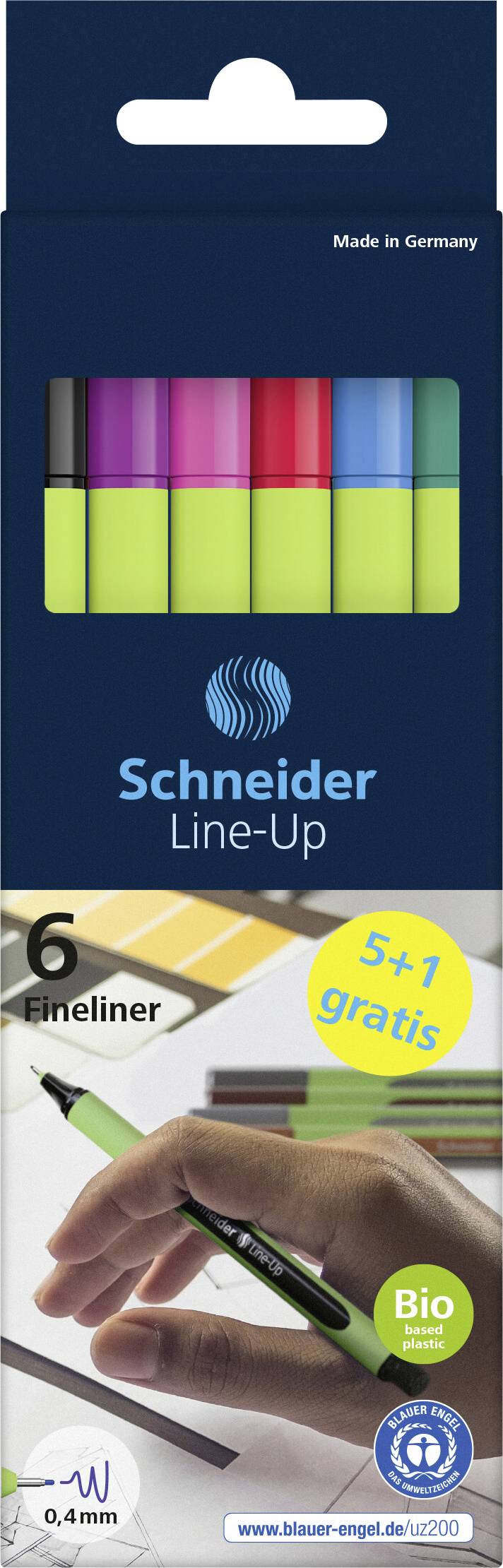 'Verpackung von Schneider Line-Up Fineliner, enthält 6 Stifte, 0,4 mm Spitze, Bio-Werkstoffe, eine Promotion 