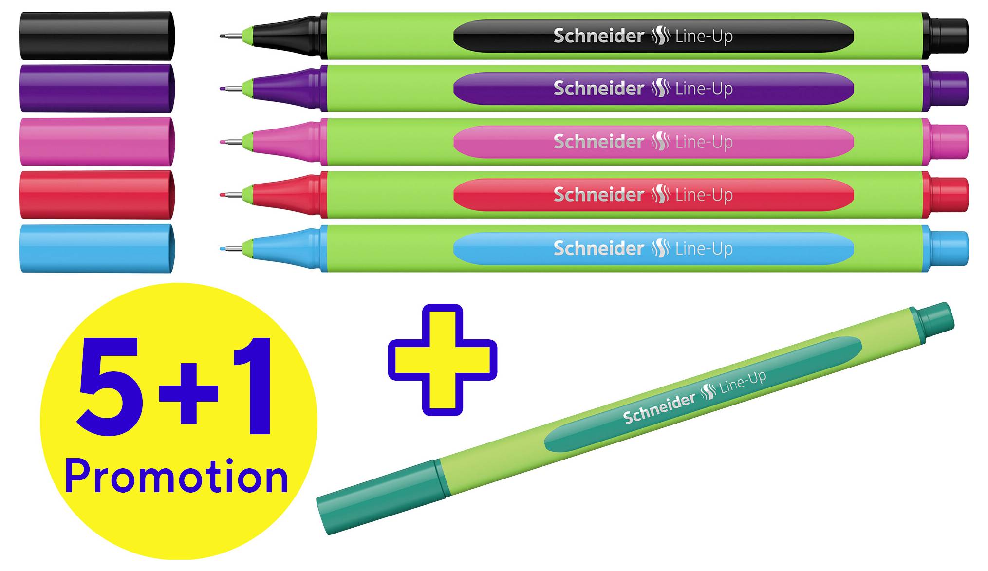 Sechs bunte Stifte mit '5+1 Promotion'-Angebot. Fünf Stifte oben, ein zusätzlicher Stift unten. Text auf den Stiften: 'Schneider Line-Up'.